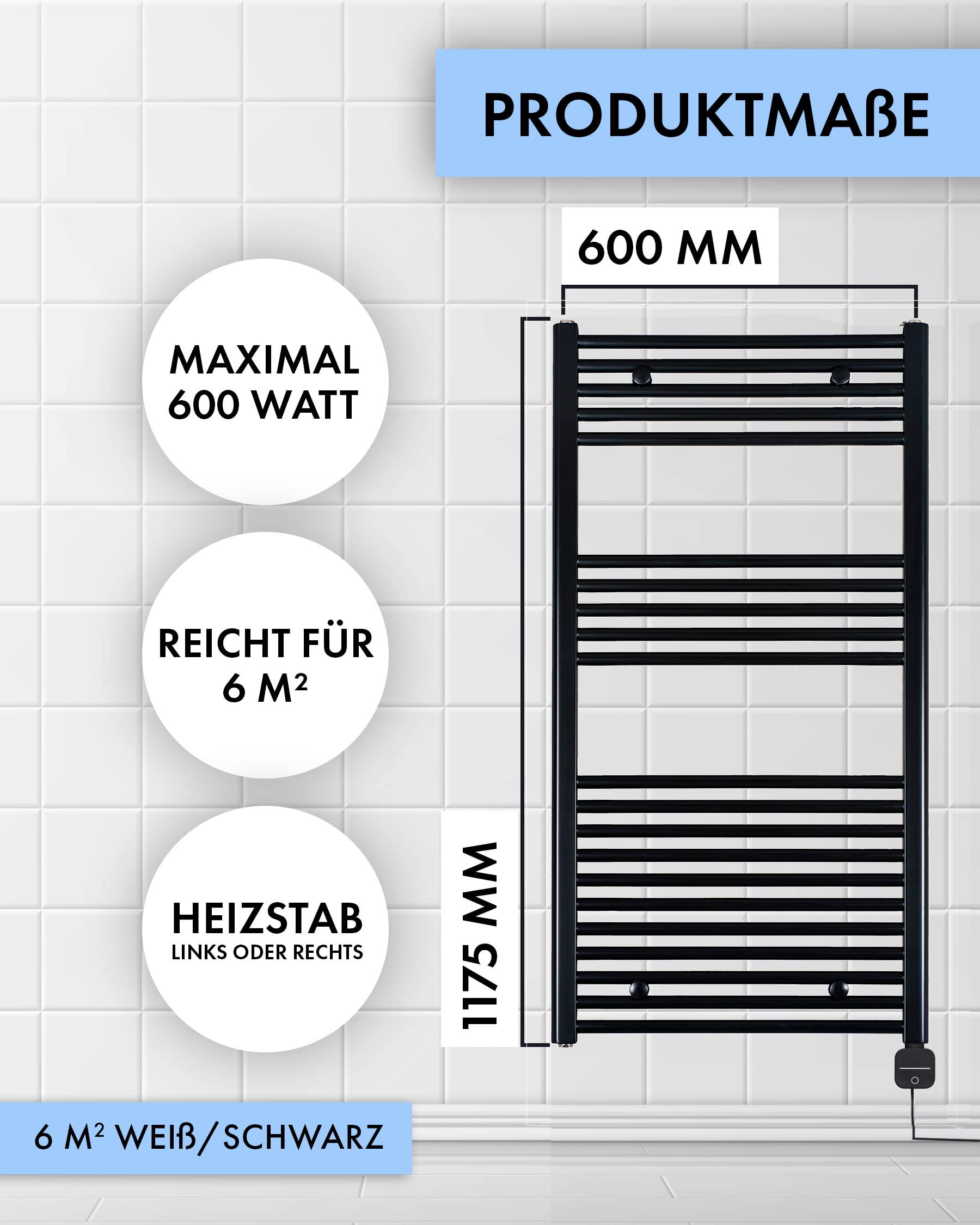 Radiador Toallero Eléctrico "Green "4 Timer,Negro, Eléctrico Radiador Toallero, Radiador Toallero Eléctrico, Secador de Toalla RAL9005 Mate - Negro, 1175h x 600b | Radiador de toallas con termostato y temporizador, 600 W, IPX5, fabricado en Alemania