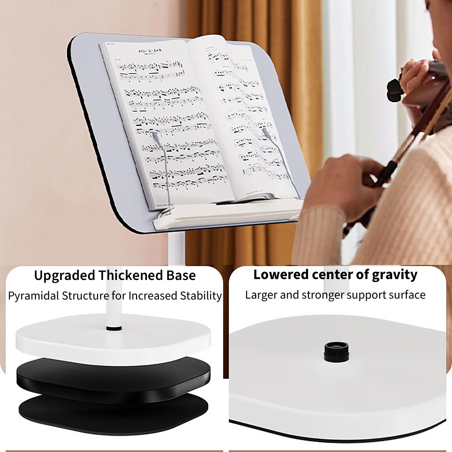 Leggio Musicale Regolabile 2 In 1, Leggio per Libri, per Pavimento/Tavoloaltezza Regolabile 80-140 Cm, Leggio Inclinabile a 180°, Base Antiscivolo per Spartiti, Ricette, Tablet, Laptop