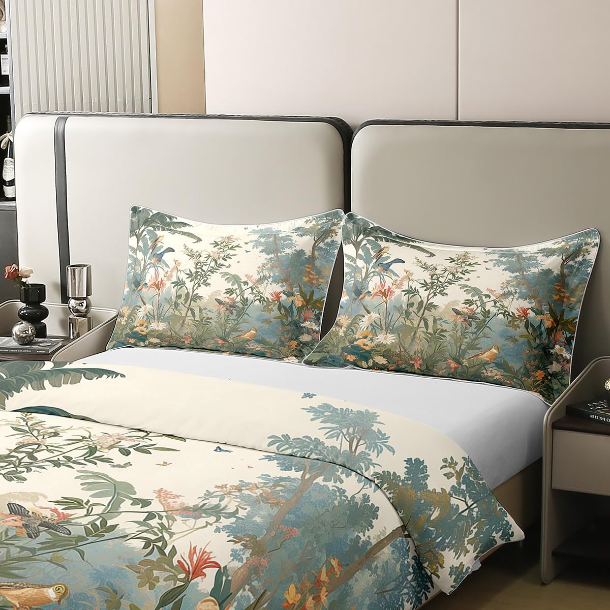 Loussiesd Pflanzen 100% Baumwolle Bettwäsche Set 155x220cm Blume Bettbezug Set für Vögel Betten Set Gras Betten Set Grün Bettwäsche-Set