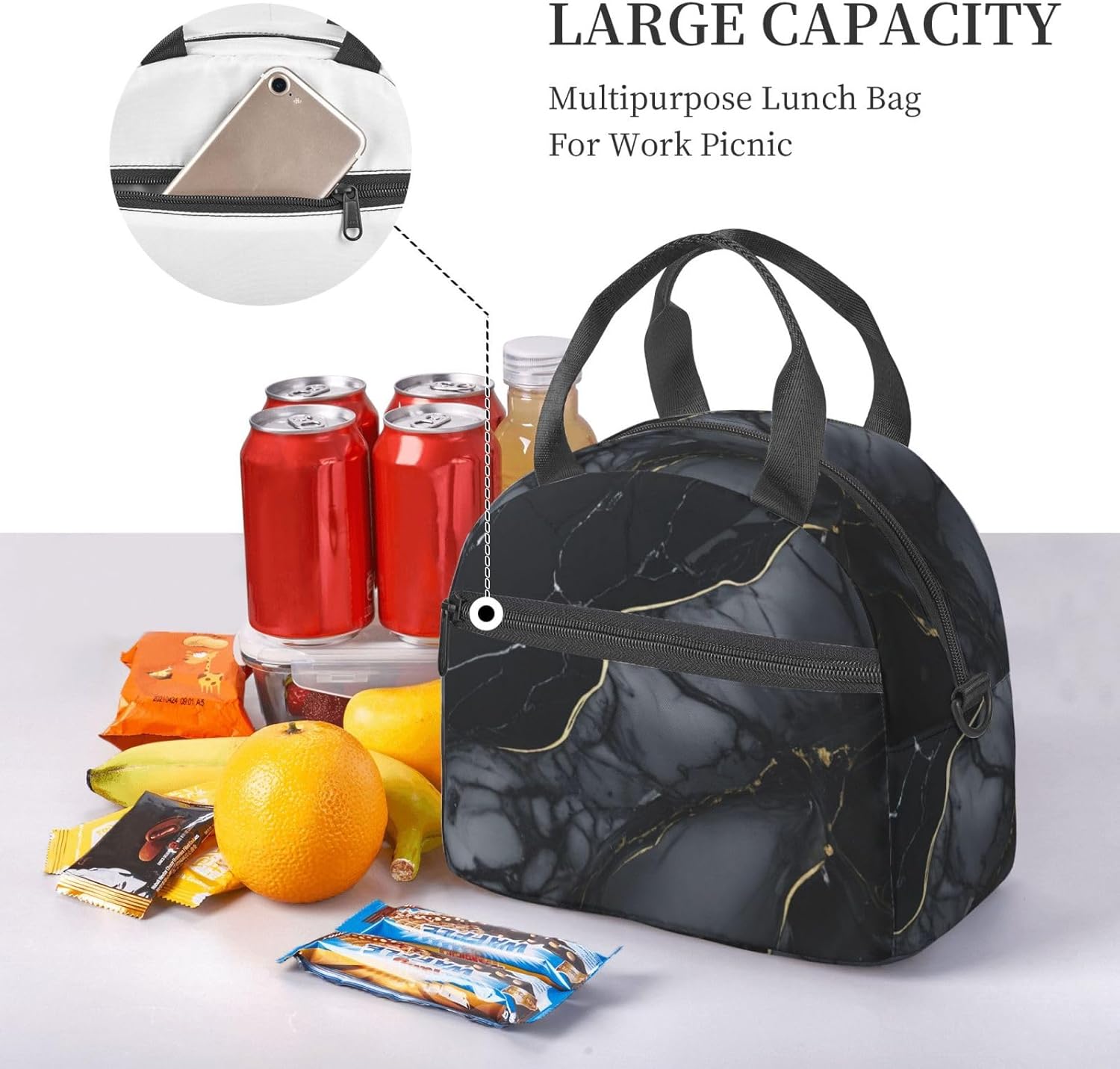 Black marble Print Reusable Lunch Bag Insulated Lunch Boxes for Office Work Picnic Tote Bag Adjustable