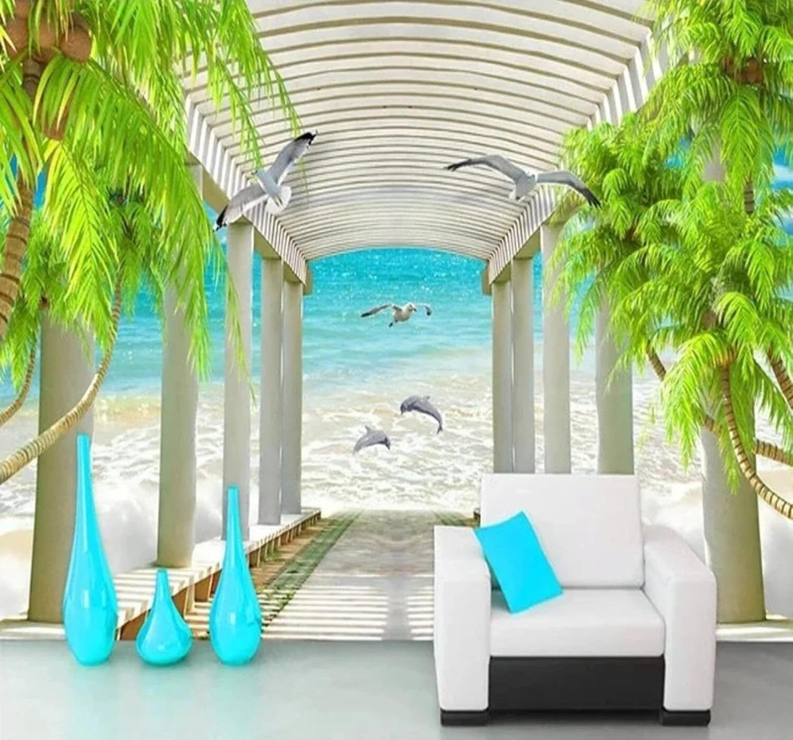 XLMING Fresh Coconut Trees Corridor Dolphins Seascape 3D Wallpaper Silky Texture Home Study Office Grey Dining Room Sofa Bedroom Living Room TV Backdrop-300cm×210cm