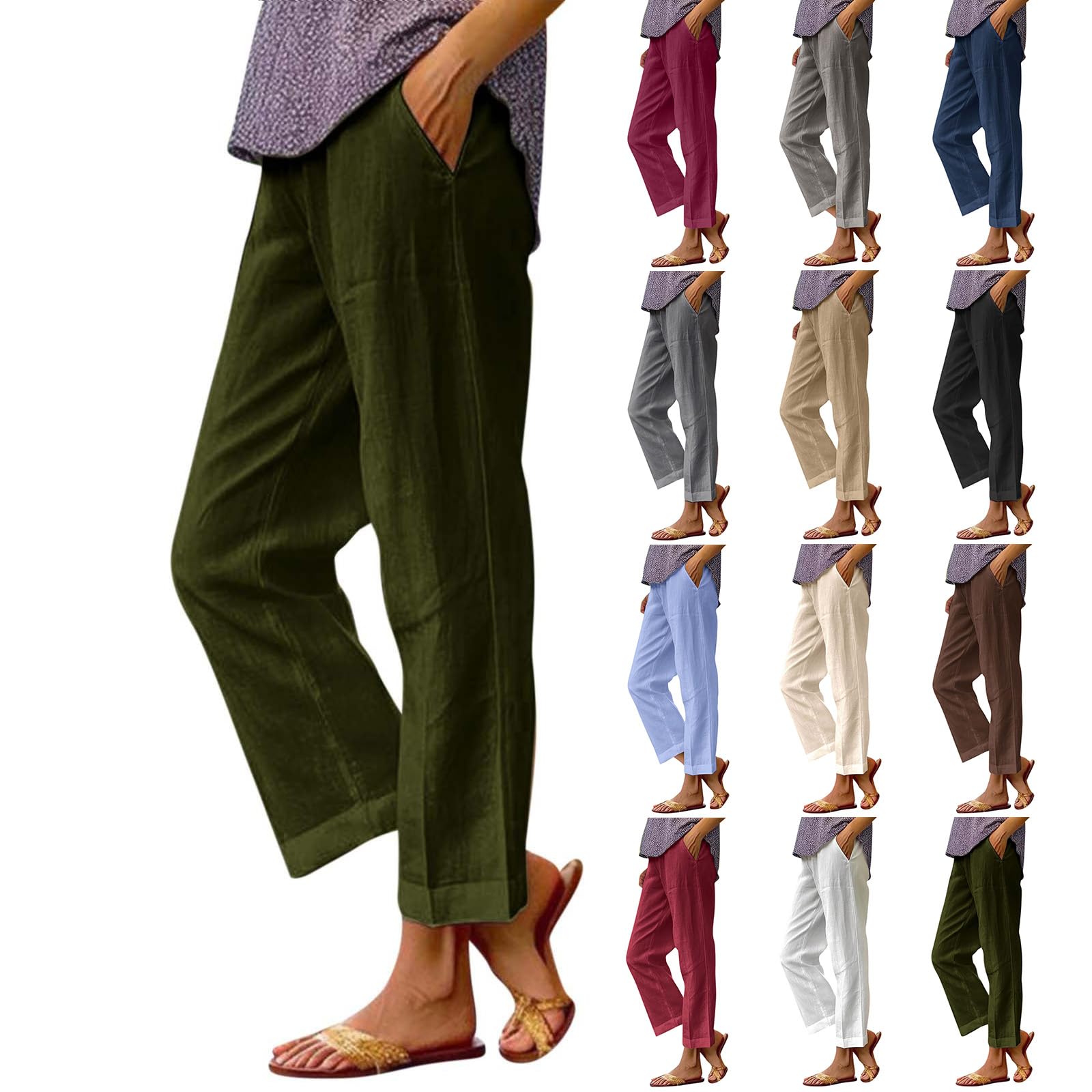 Cropped Linen Pants Women Plus Size Lightweight Summer Pants Straight Wide Leg Crop Pants Beach Pants with Pockets