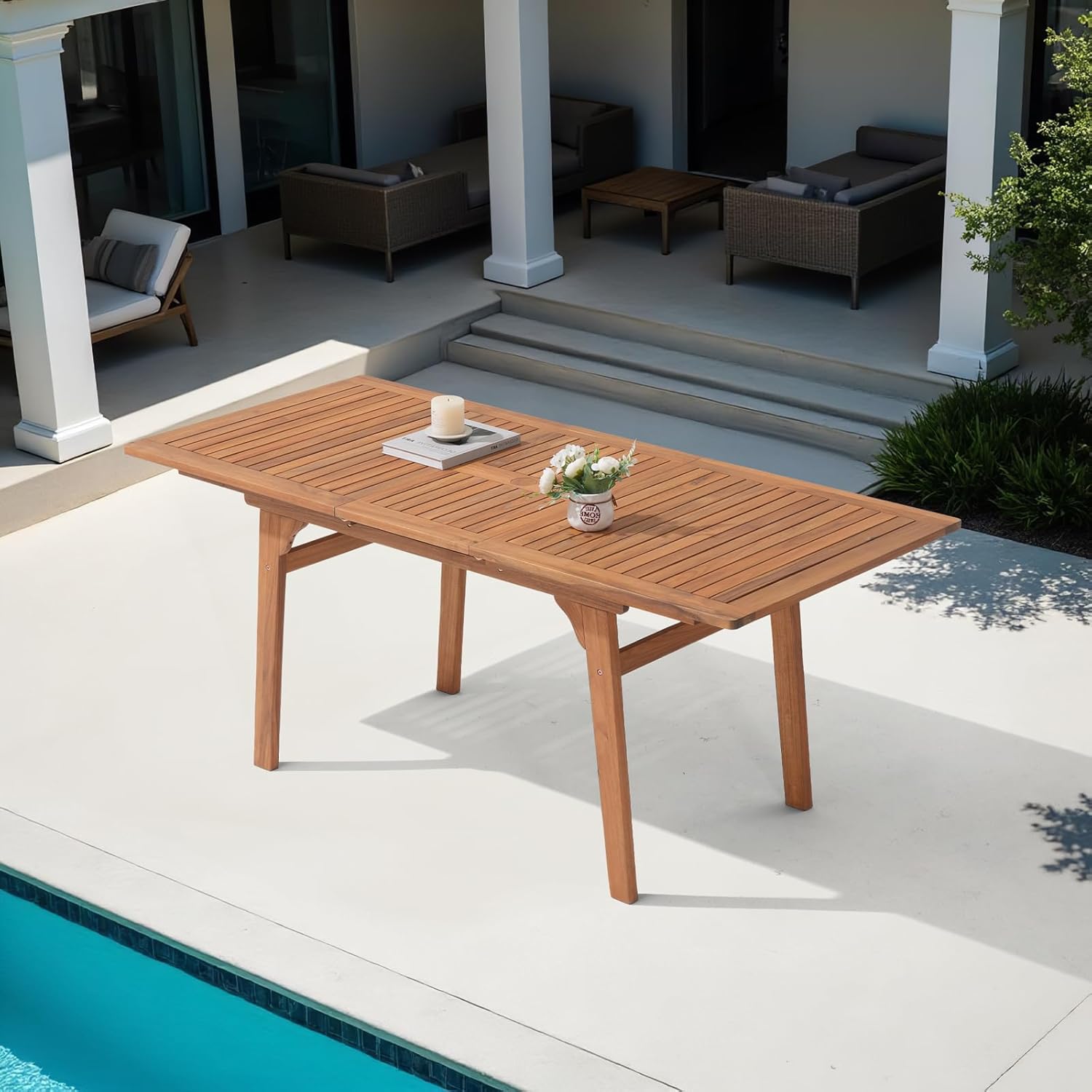 OC Orange-Casual Outdoor Acacia Wood Expandable Table for 6-8, Wooden Rectangular Table with Umbrella Hole and Slat Design, for Patio, Deck, Porch, Backyard, Natural