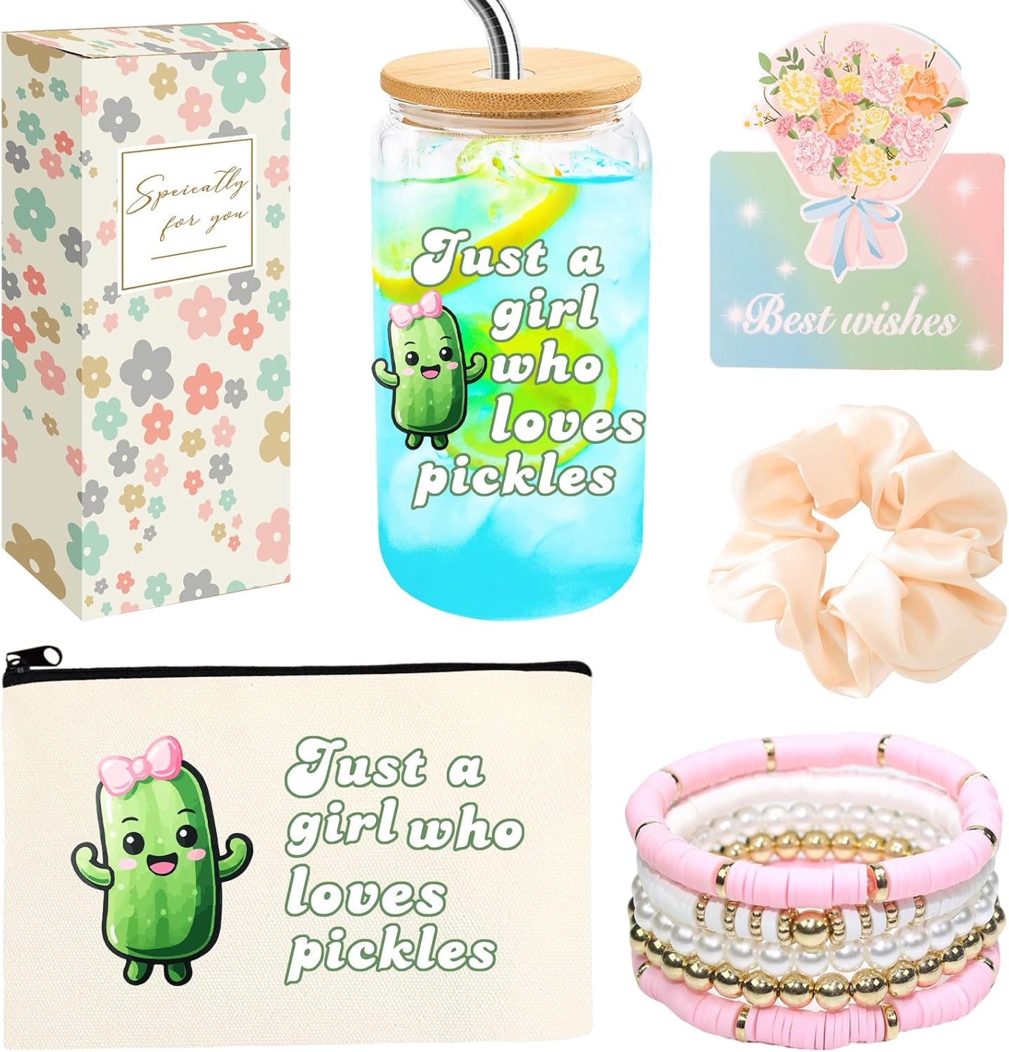 Valentines Day Pickle Gifts for Women, Funny Pickle Lover Gift Set with 16oz Glass Tumbler, Bracelets, Pouch Bag, Scrunchie, Box for Pickles Themed Party, Birthday, Christmas Gifts for Her (Pickles)