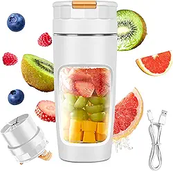 Copo de Liquidificador Portátil 600ml,Caneca de Viagem de Grande Capacidade,Liquidificador Pessoal USB com Tecnologia de Lâminas Múltiplas e Motor de Alta Potência para Shakes,Smoothies&Sucos (Branco)