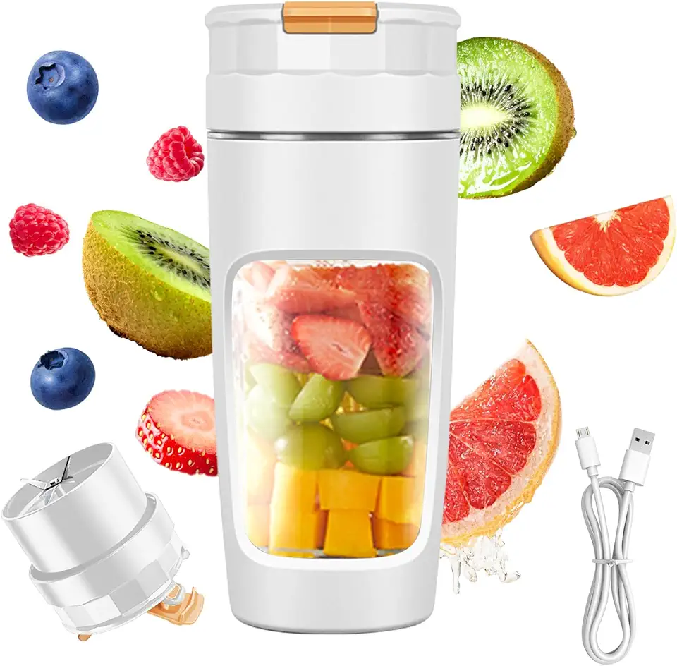 Copo de Liquidificador Portátil 600ml,Caneca de Viagem de Grande Capacidade,Liquidificador Pessoal USB com Tecnologia de Lâminas Múltiplas e Motor de Alta Potência para Shakes,Smoothies&Sucos (Branco)