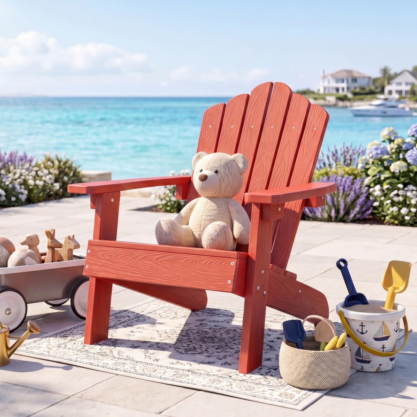 GIANTEX Kids Adirondack Chair, All-Weather HIPS Children's Outdoor Chair with Tilted High Backrest, Toddler Beach Chair for Garden Patio Backyard, Kids Lawn Chairs for Age 3-7 (1,Red)