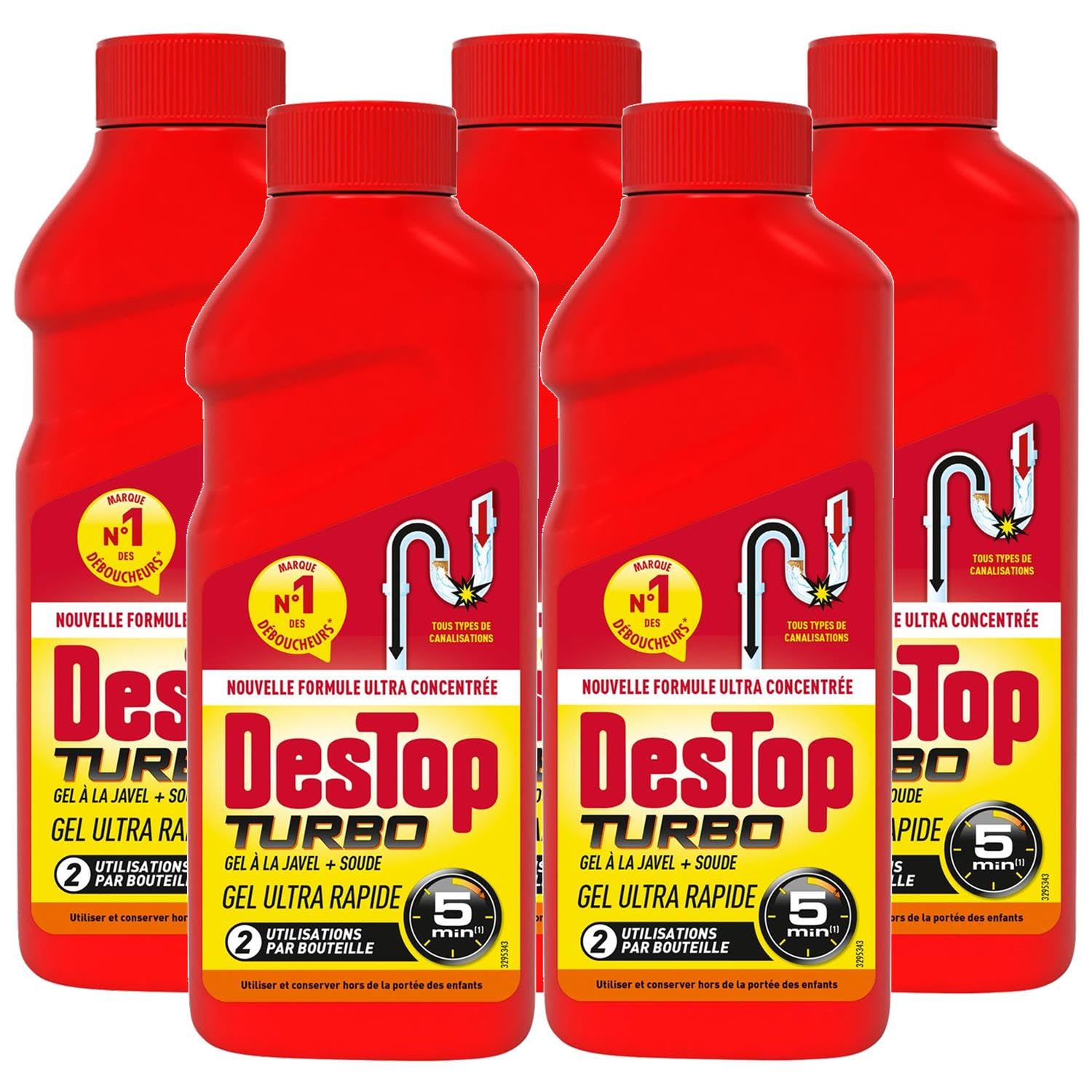 DESTOP - Gel désinfectant et déboucheur canalisation Turbo 5 min - 2 doses - Lot de 5 x 500ml