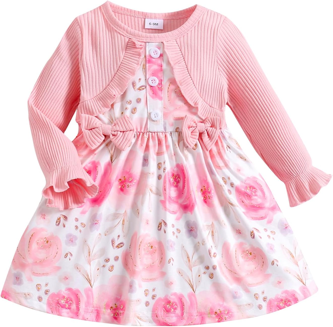 Baby Girl Dress and Cardigan Set False 2 Piece Baby Girl Floral Print Long Sleeve Bow Spring Dresses Baby Girls Gift