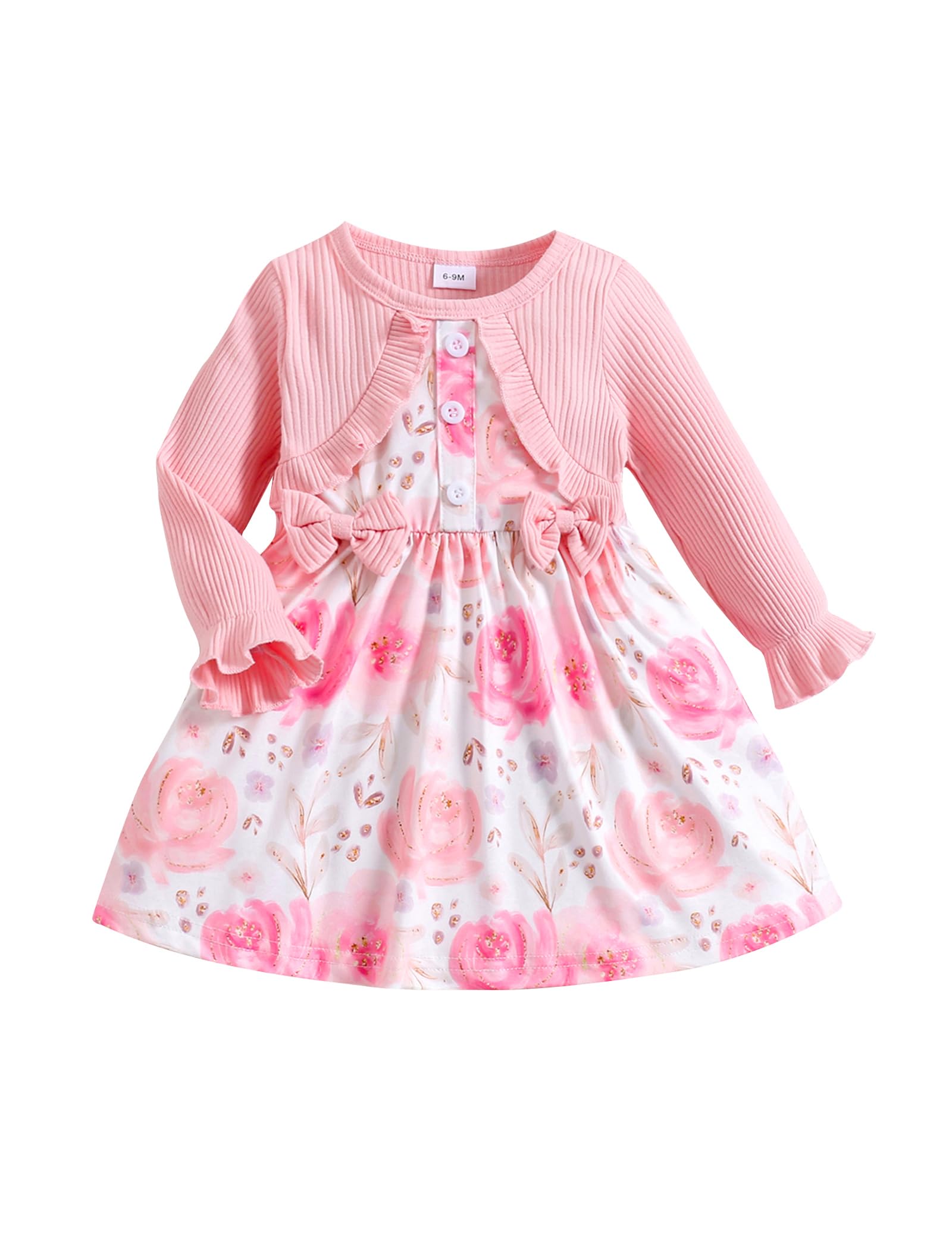 Baby Girl Dress and Cardigan Set False 2 Piece Baby Girl Floral Print Long Sleeve Bow Spring Dresses Baby Girls Gift