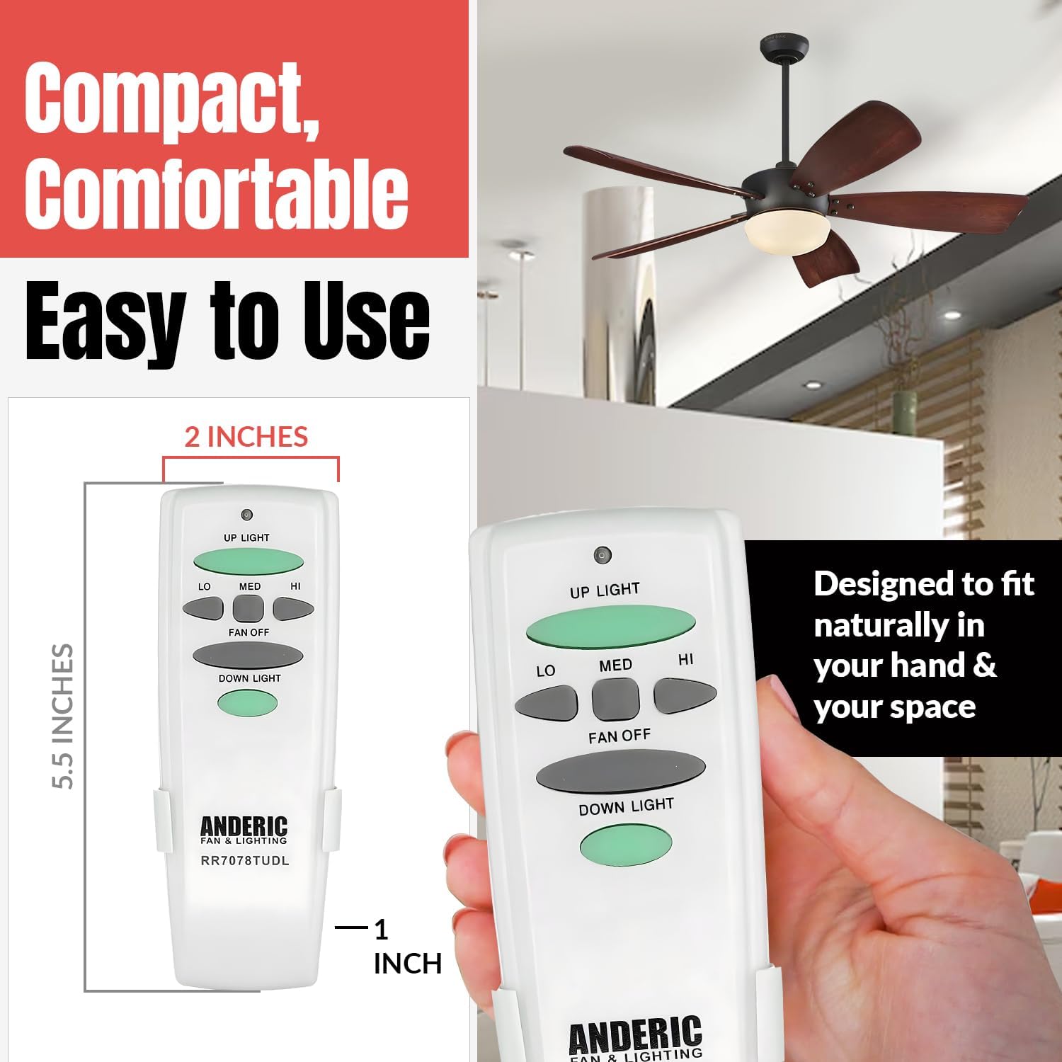 Anderic RR7078TUDL Ceiling Fan Remote Control Replacement for Hampton Bay & Harbor Breeze | 3-Speed Fan, Up & Down Light Dimmer | 304 MHz | Replaces UC7078T CHQ7078T