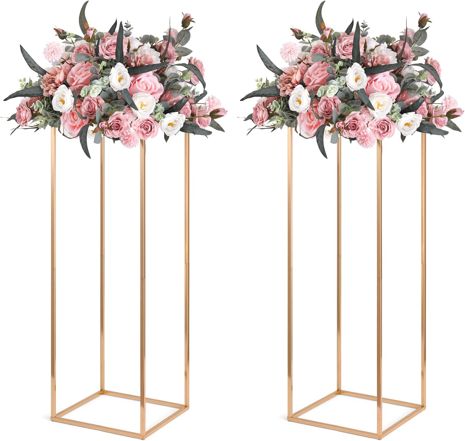 Gold Wedding Flower Stands, Set of 2 Metal Vases Column Geometric Wedding Table Display Centerpieces 31½ inches Tall Floral Decoration Holders for Wedding Party Decor