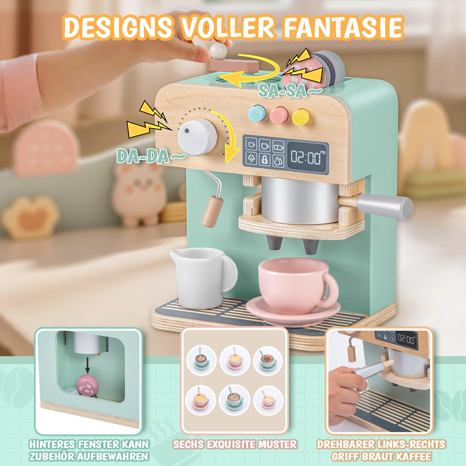 YOOHBERRYS Kaffeemaschine Kinder Holz, 22 Stück Kinderküche Kaffeemaschine, Espressomaschine Holzspielzeug mit Mühle, Spielküche Zubehör kaffeeservice Rollenspiele Geschenk für Kinder ab 3 Jahre
