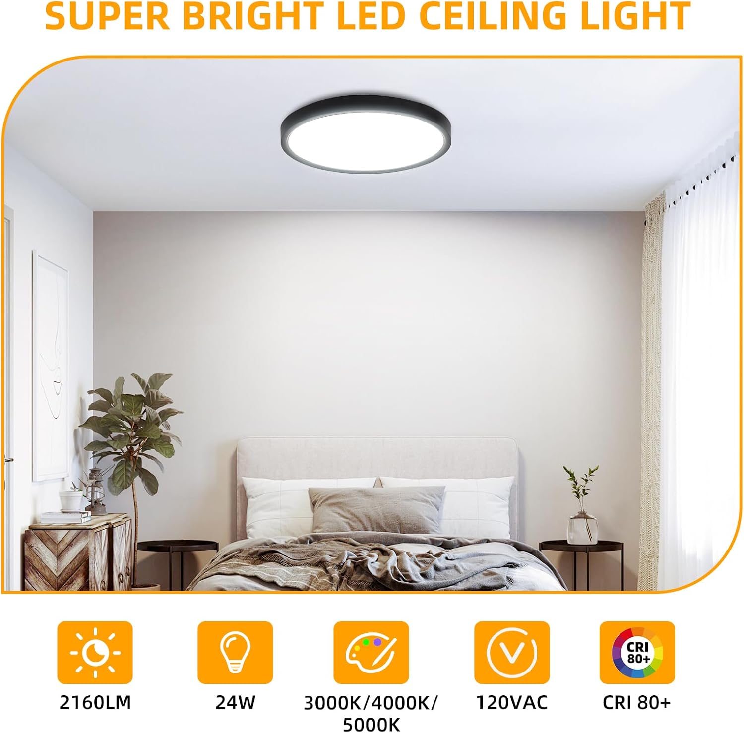 Hlite 6pack 12 inch Flush Mount LED Ceiling Light Fixtures, 24W 2400LM Super Slim, 3CCT Selectable (3000K/4000K/5000K), for Kitchen, Bedroom (Black)