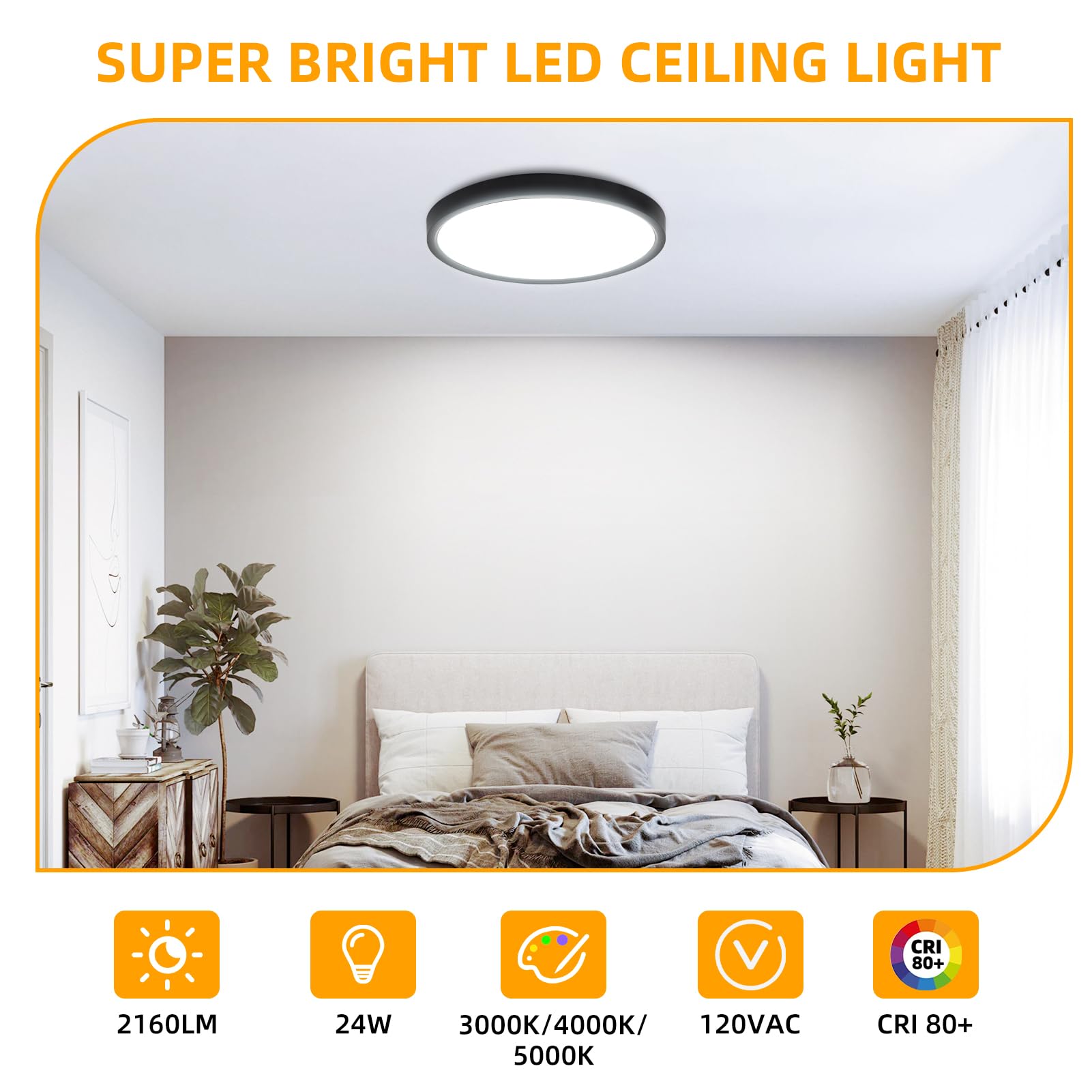 Hlite Zestaw 6 lamp sufitowych LED do zabudowy, 30,5 cm, 24 W, 2400 lm, do wyboru, 3 CCT (3000 K/4000 K/5000 K), do kuchni, sypialni (czarny)