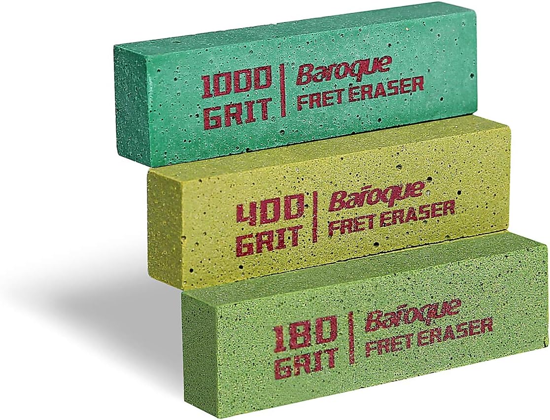 Baroque Guitar Fret Polishing Kit - 3-Piece Polish Eraser Set with 180/400/1000 Grit for Cleaning Metal, Strings & Fret Wires