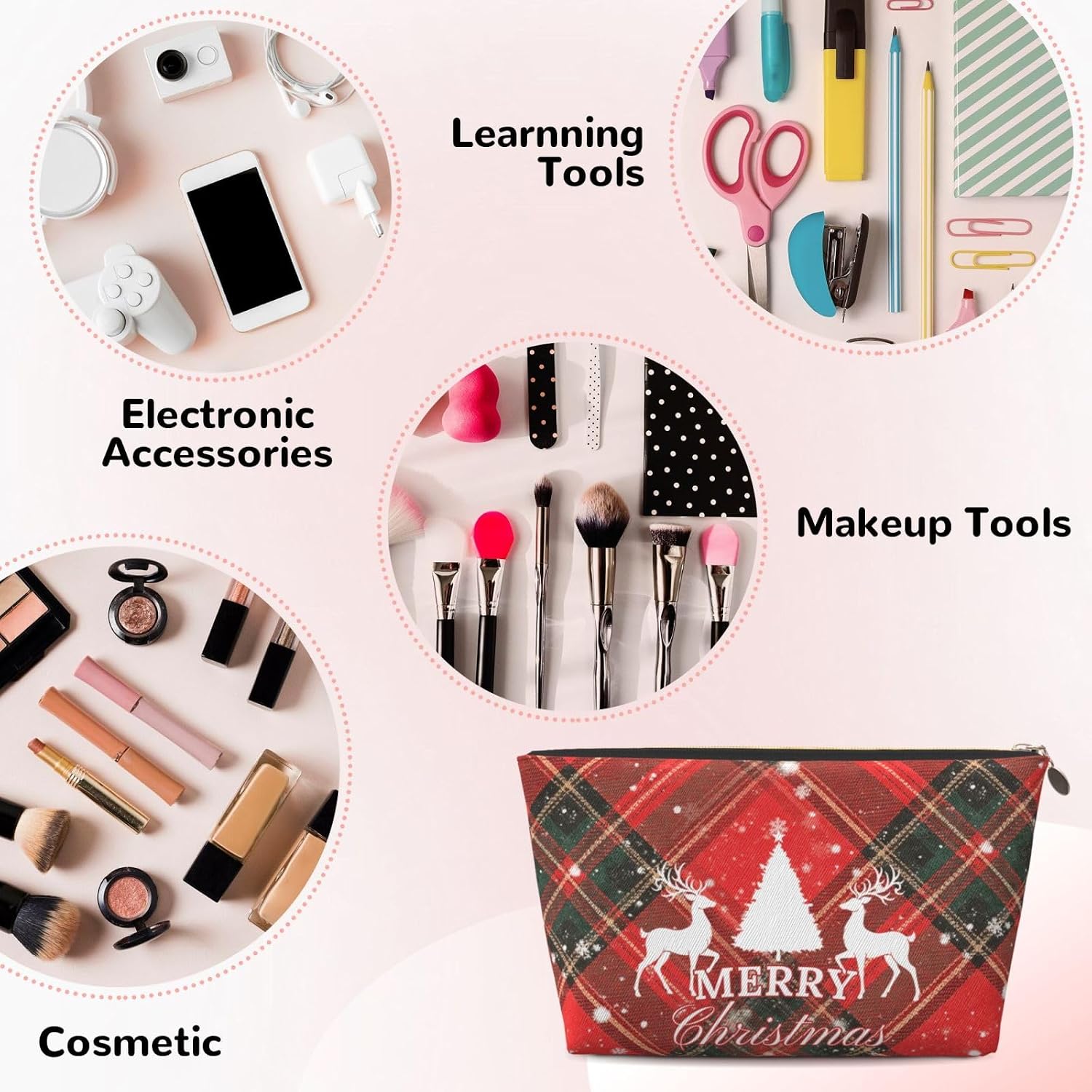 Red Christmas Travel Cosmetics Bag, Zippered Makeup Organizer Bag image 3