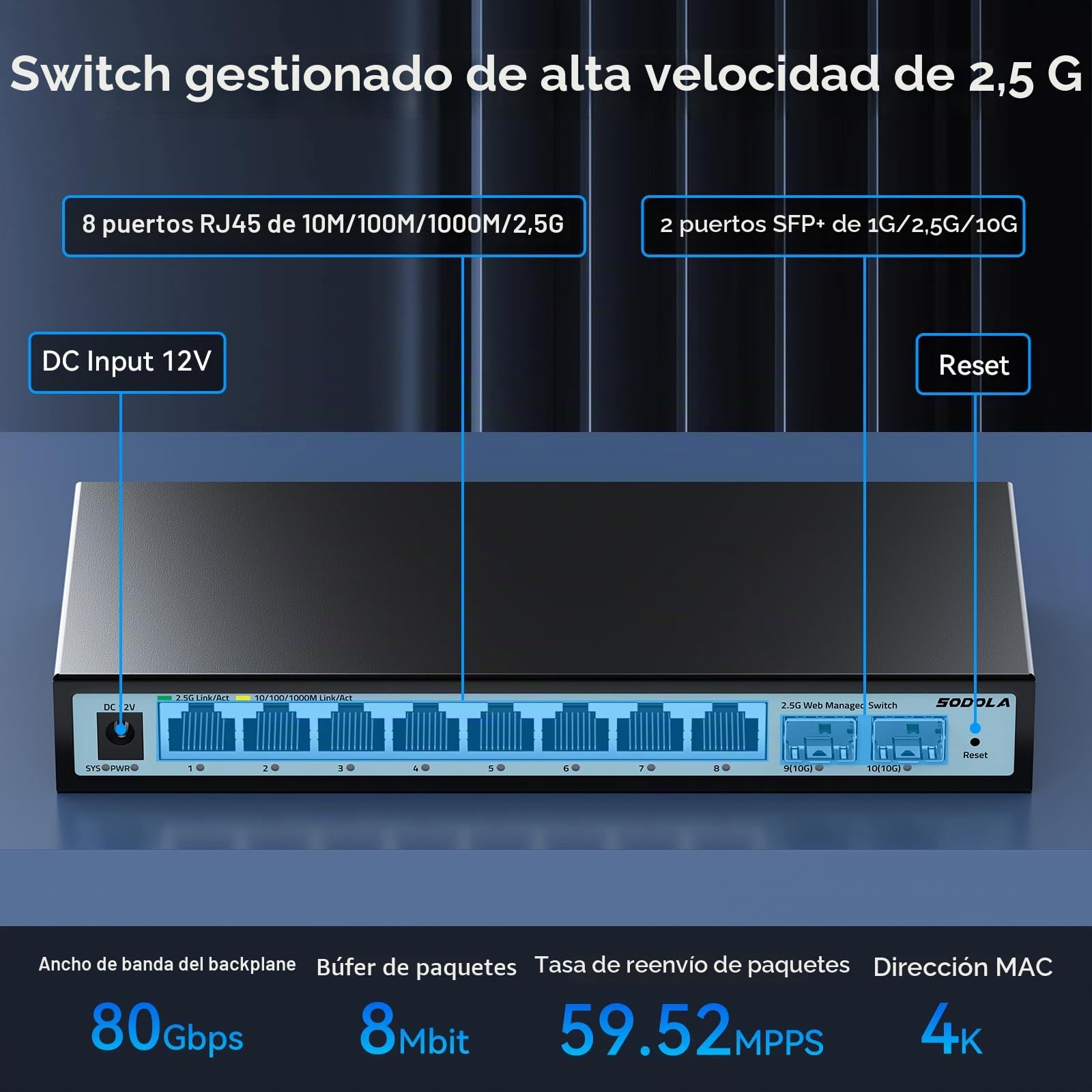 SODOLA Interruptor de 10 puertos de 2,5 GB de fácil gestión web, 8 puertos Base-T de 2,5 G, 2 x 10 G SFP+, conmutador Ethernet multiGigabit sin ventilador para AP inalámbrico, NAS, PC