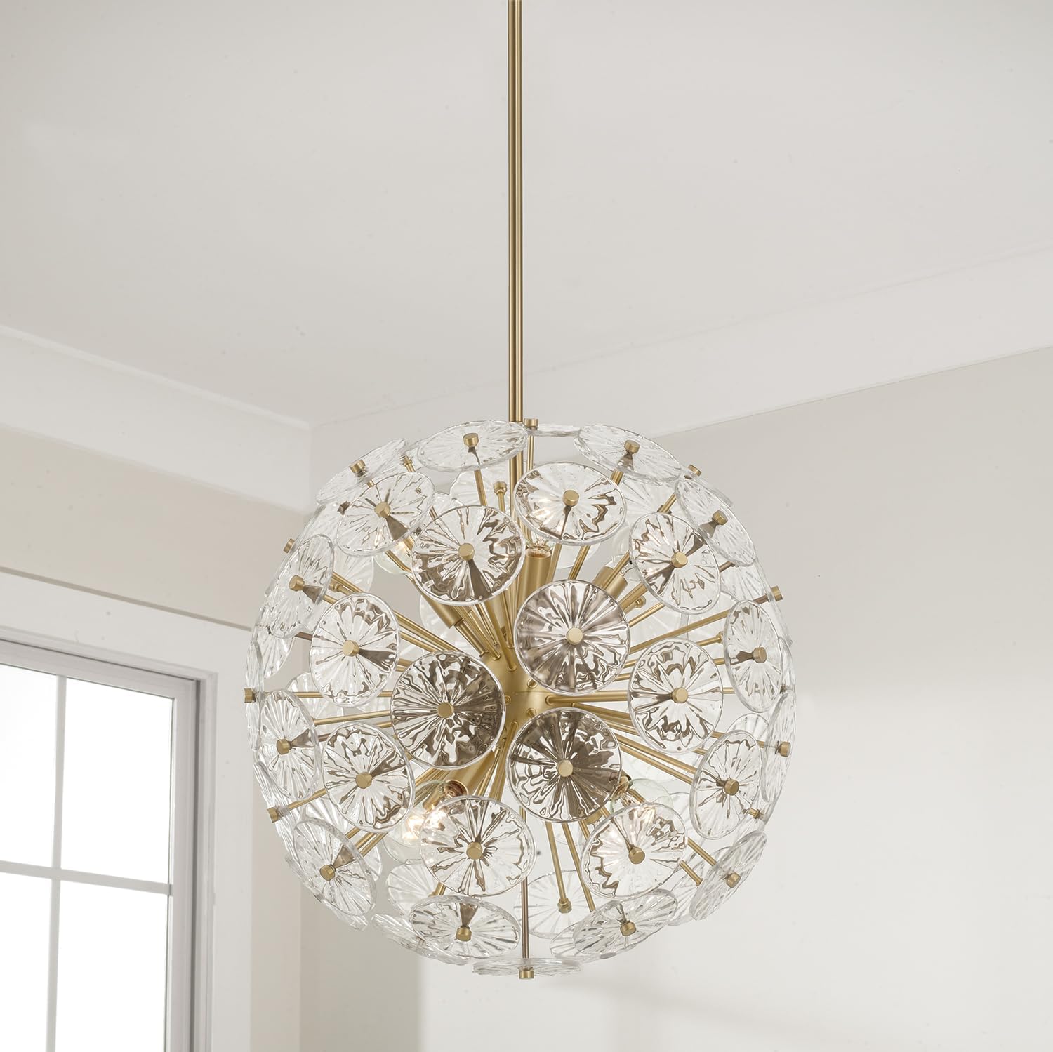 Capital Lighting 357881MA Emelie Nature-Inspired Clear Patterned Glass Orb Pendant Lighting, 8-Light 480 Total Watts, 18" H x 18" W, Matte Brass