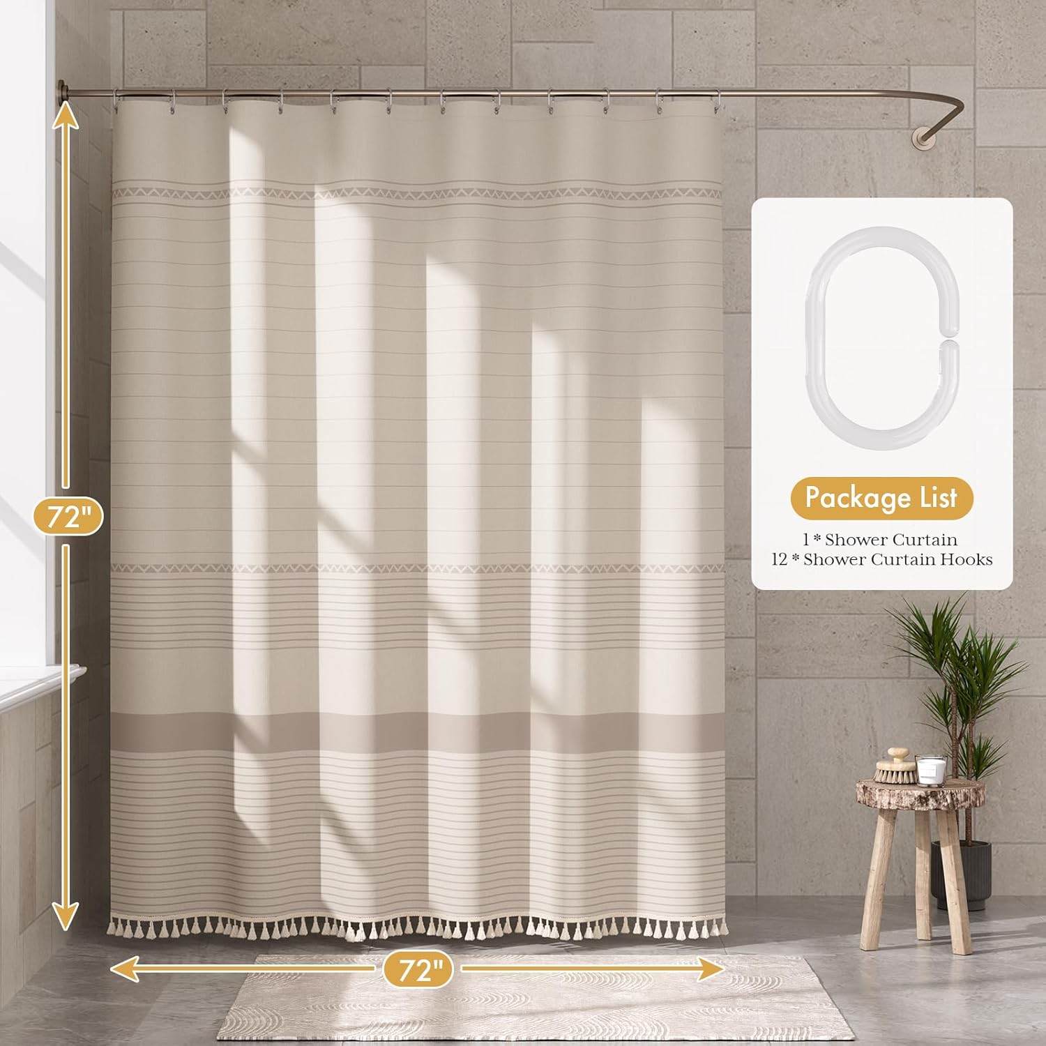AmazerBath Boho Shower Curtain, Modern Farmhouse Shower Curtain Set with Tassels, Rustic Faux Linen Pink Striped Shower Curtain with Hooks, Light Tan Toned, 72x72 Inches