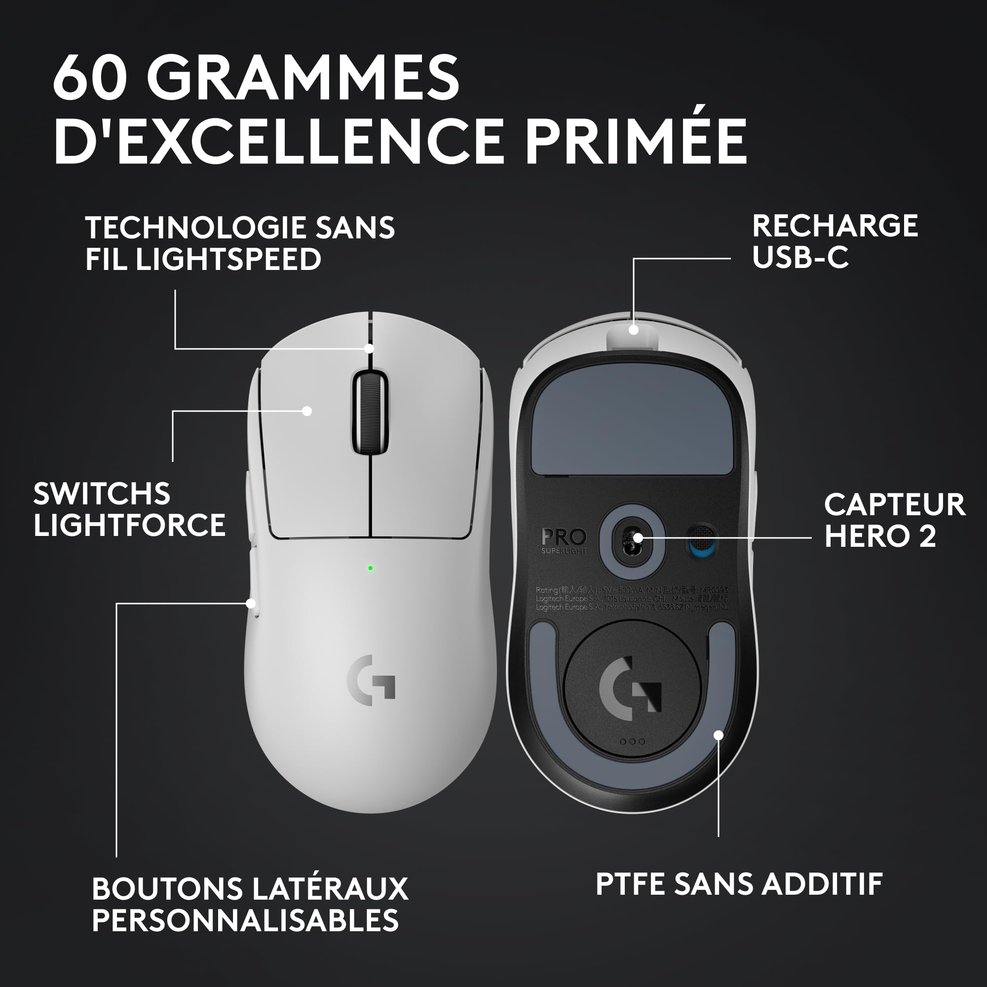 Logitech G PRO X SUPERLIGHT 2 - wireless gaming mouse, Pro-Grade 60g with 5 pulsanti programmabili, Versione Est Europa, 44.0 - 5