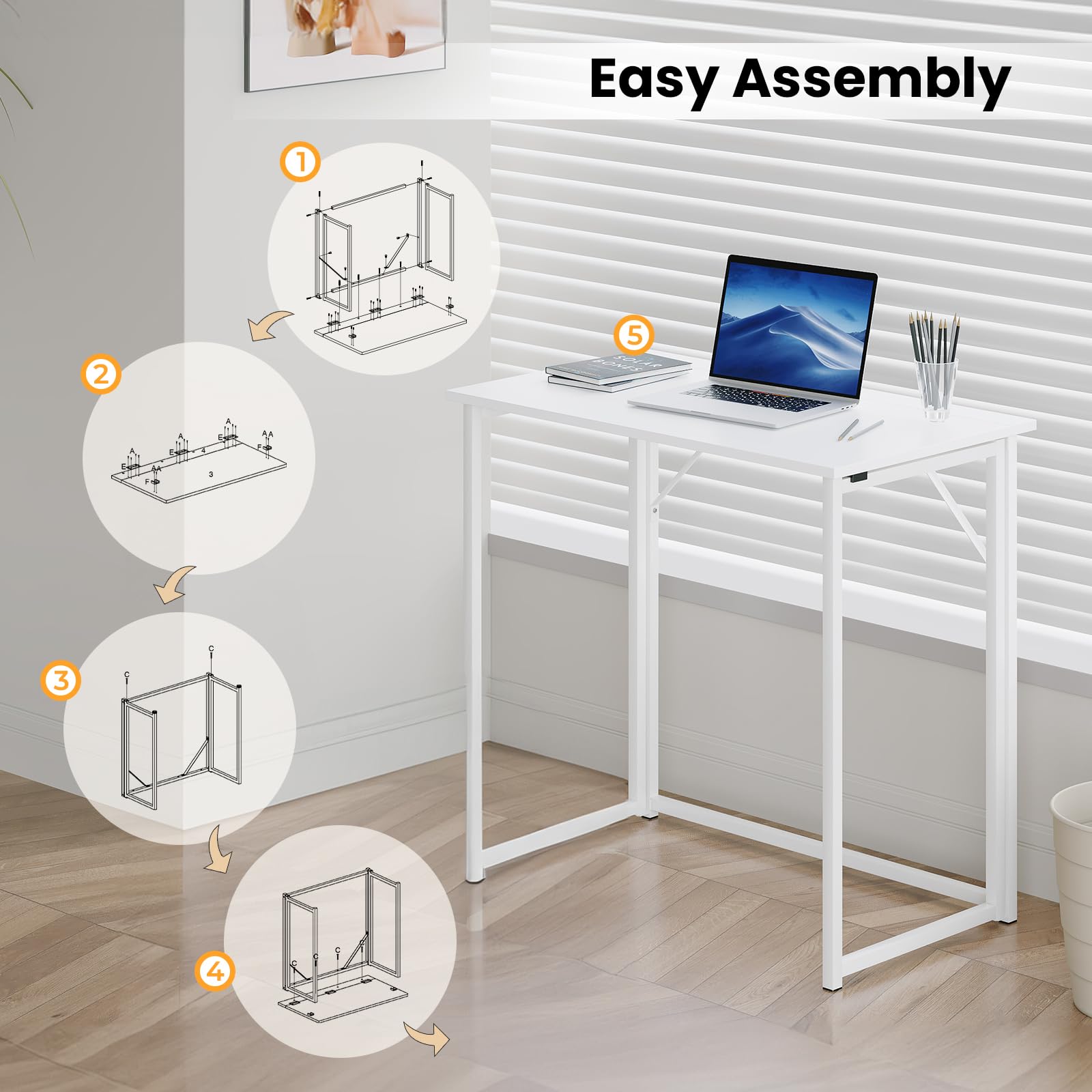 Dripex Scrivania Pieghevole, Scrivania per Casa e Ufficio, Tavolo da Studio Porta PC Stabile e Salvaspazio, 80 x 46 x 74 cm(Bianco)