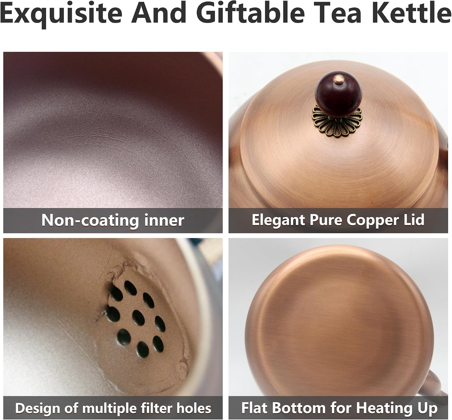 54.1oz Copper Tea Kettle for Stovetop Safe, Chinese Style Non-Coating Real Pure Copper Teapot with Tea Ball for Loose Tea, Handmade Solid Tea Pot(1600ml)