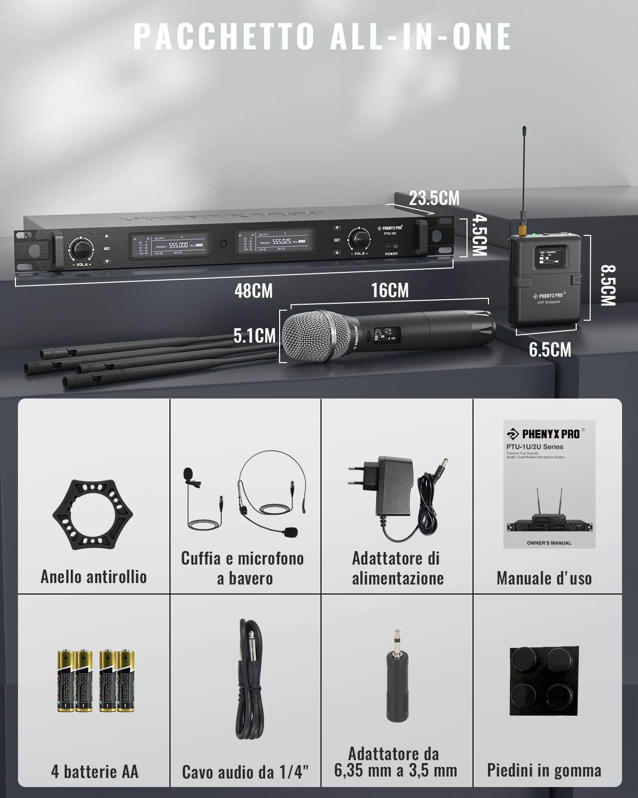 Phenyx Pro Sistema Microfono Wireless UHF a 2 canali PTU-2U-1H1B | True Diversity, scan auto, 2 × 1000 canali, 328 ft, sync IR, 1 mic palmare, 1 bodypack, mic headset/lavalier