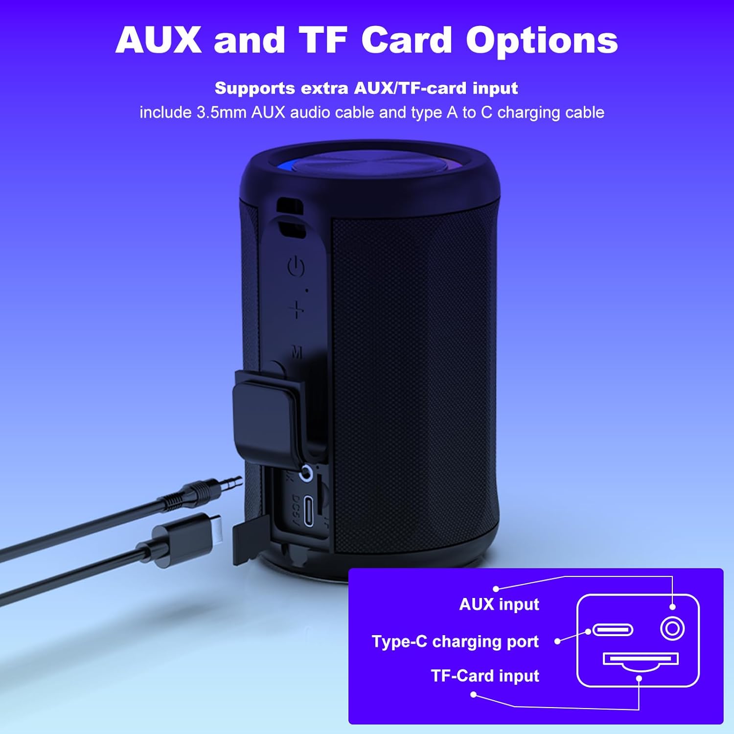 Portable Bluetooth Speaker 6W, Wireless BT5.4 Speaker with AUX & TF Card (microSD) Input, HD Clear Sound, RGB Light, IPX55 Waterproof, TWS Stereo Pairing, Black - Image 3