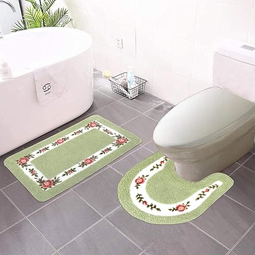 ABREEZE Juego de 2 alfombras de baño con diseño floral de rosas, tapete de ducha de baño de microfibra y tapete de inodoro en forma de U, Verde