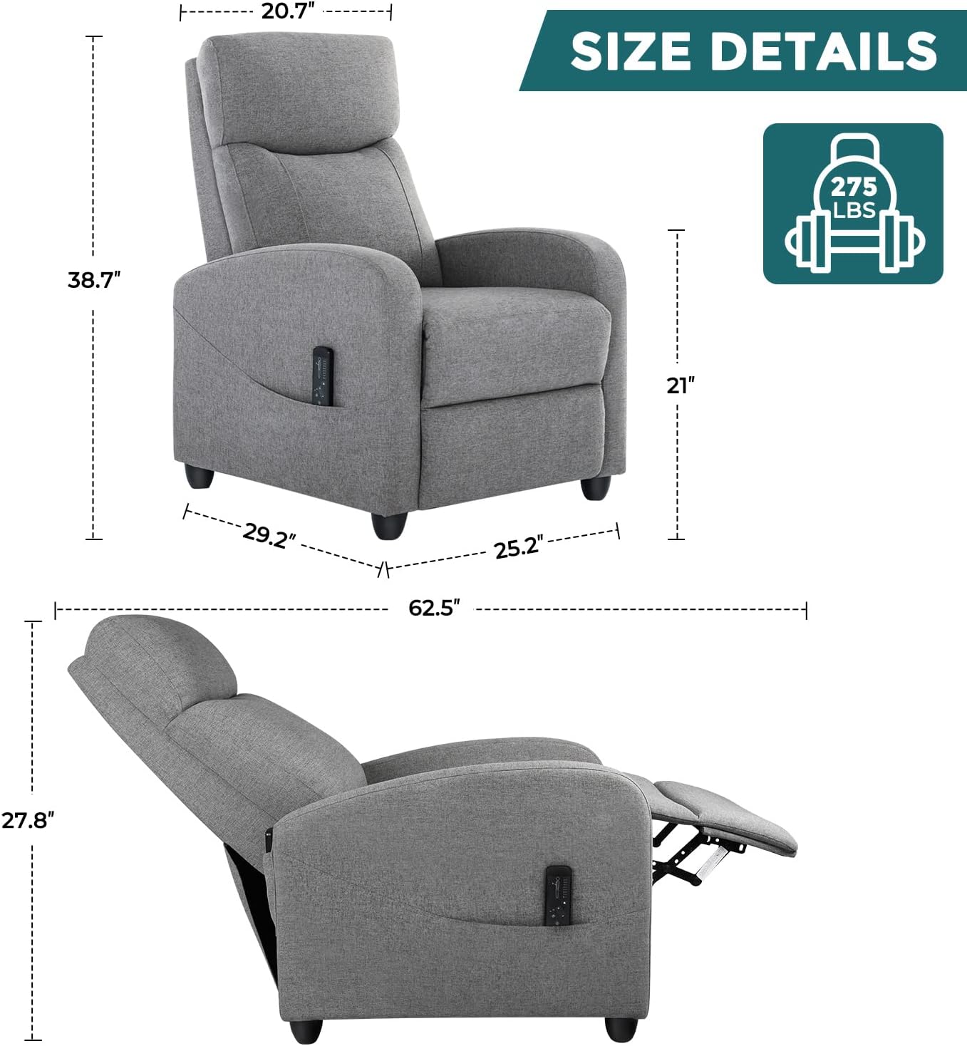 Recliner Chair, Living Room Chairs Massage Recliner Chairs Single Fabric Recliner Sofa Adjustable Theater Chairs Padded Seat Backrest Winback Modern Recliner Chair Bedroom Chair for Adults (Grey) : Home & Kitchen