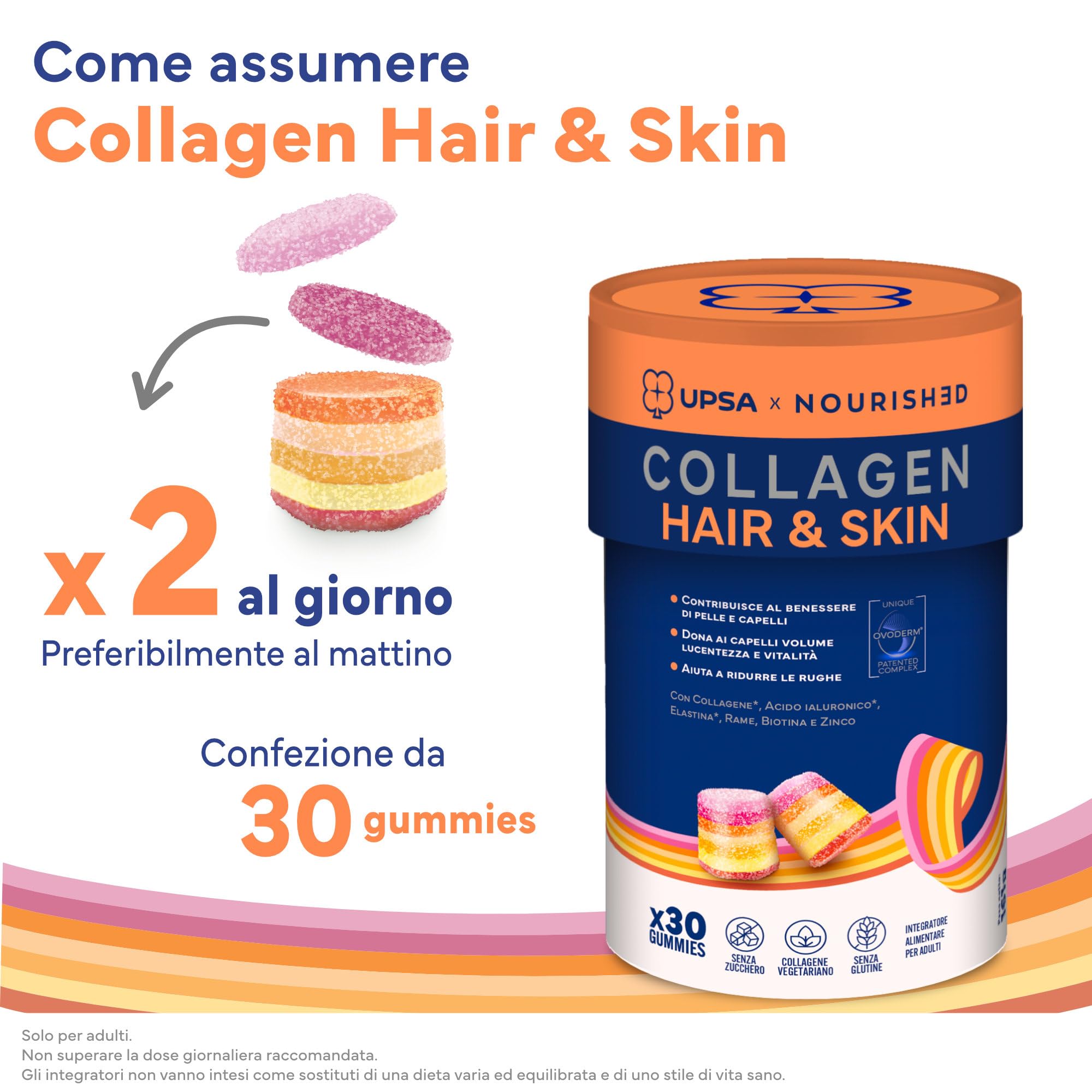 UPSA x Nourished Collagene Hair and Skin, con Biotina, 60 Gummies, Bipacco | Integratore Alimentare per benessere di pelle e capelli, con Ovoderm, Rame, Biotina, Gusto Frutta, Senza Zucchero Vegetariano