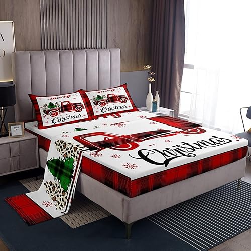 Miniatura 10 de Manfei Juego de sábanas de Navidad tamaño matrimonial, juego de sábanas de árbol de Navidad de muñeco de nieve, 4 piezas con sábana bajera de