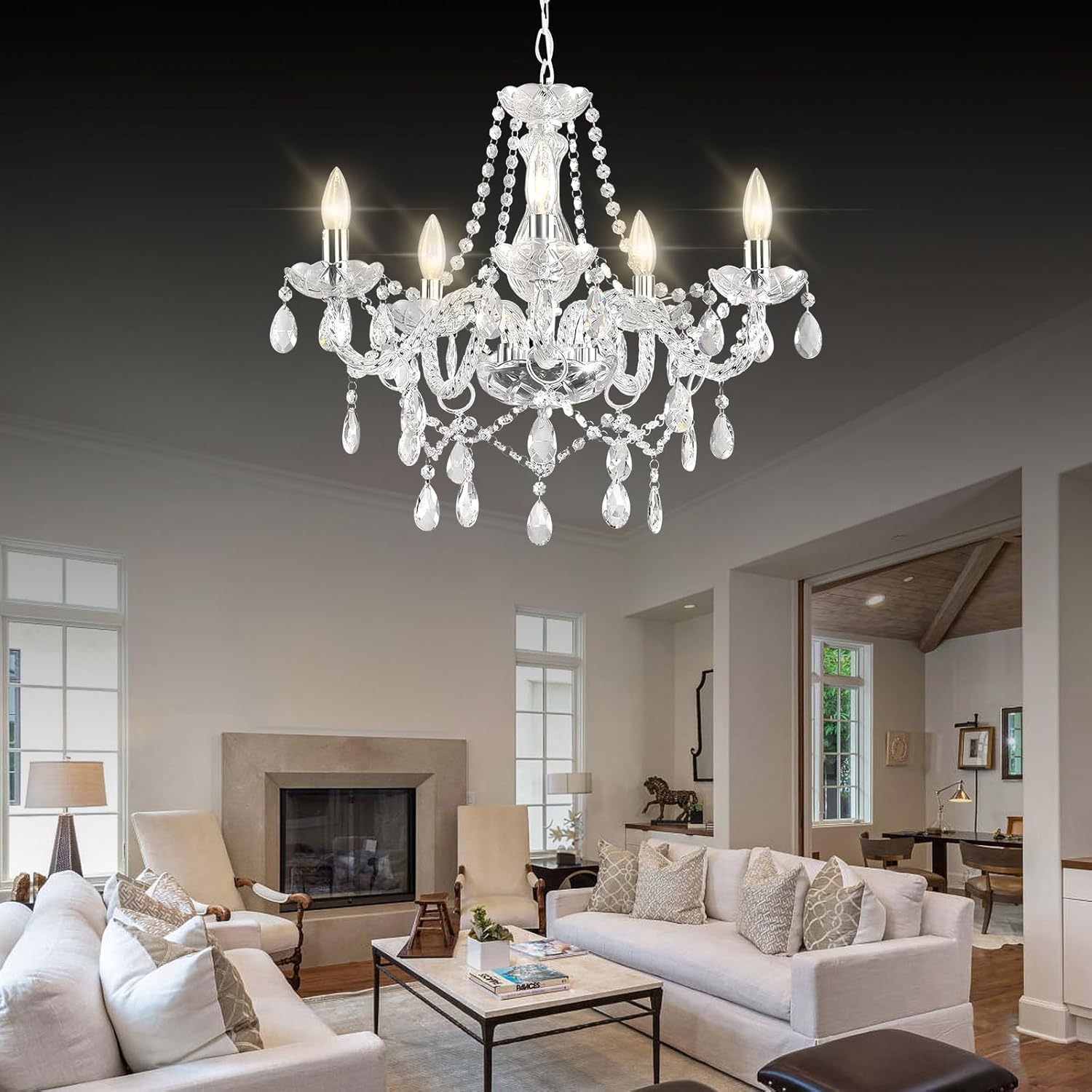 Farmhouse Crystal Chandelier Hanging Pendant Light Fixture, Modern 5 Lights K9 Crystal Ceiling Lighting Fixture for Dining Rooms ﻿Kitchen Island Living Room Bars