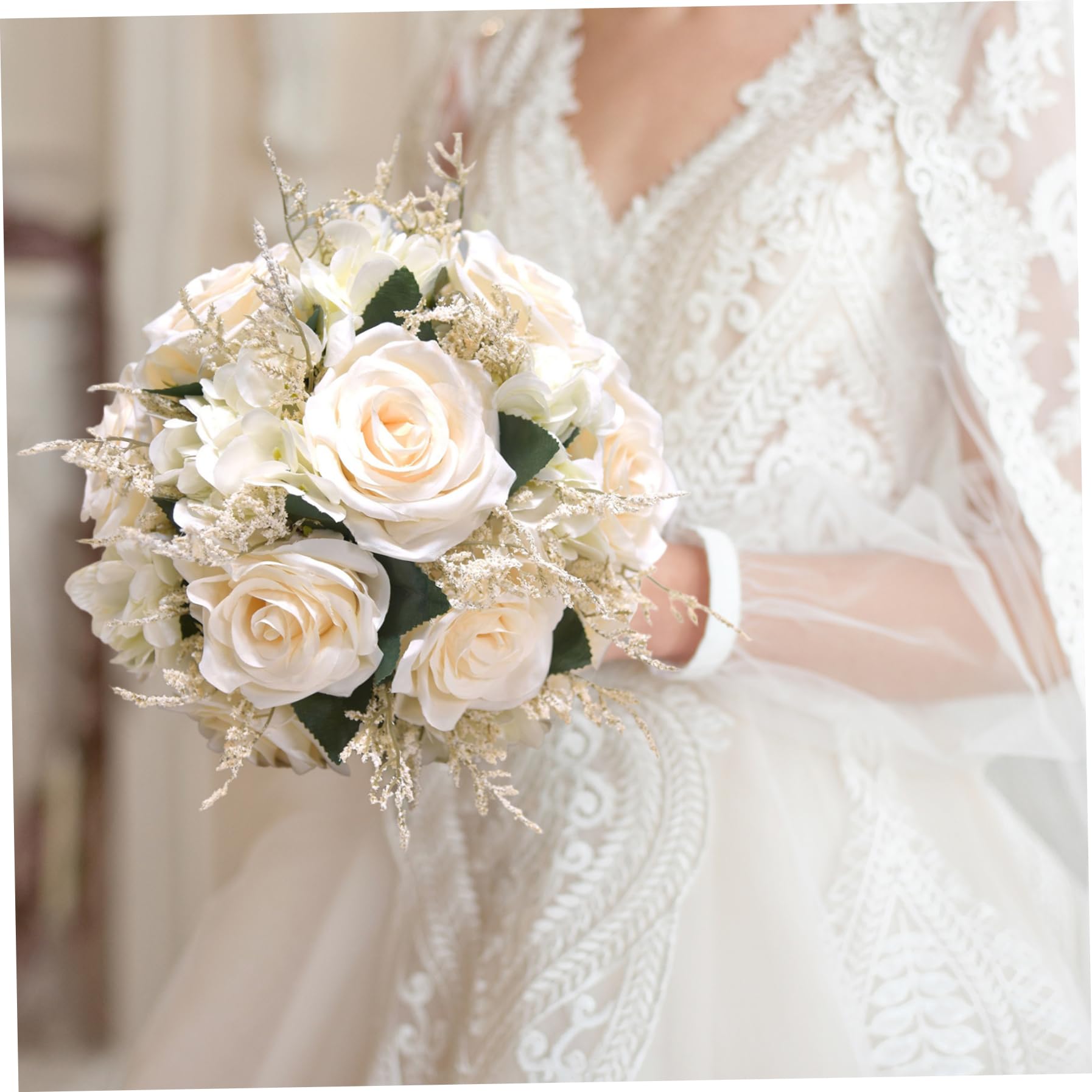 Bouquets de mariage pour la mariée, bouquets de mariée blanches de 9,1 pouces pour la mariée, bouquet de rose artificiel, bouquet de fleurs avec ruban de soie pour cérémonie de la Saint-Valentin