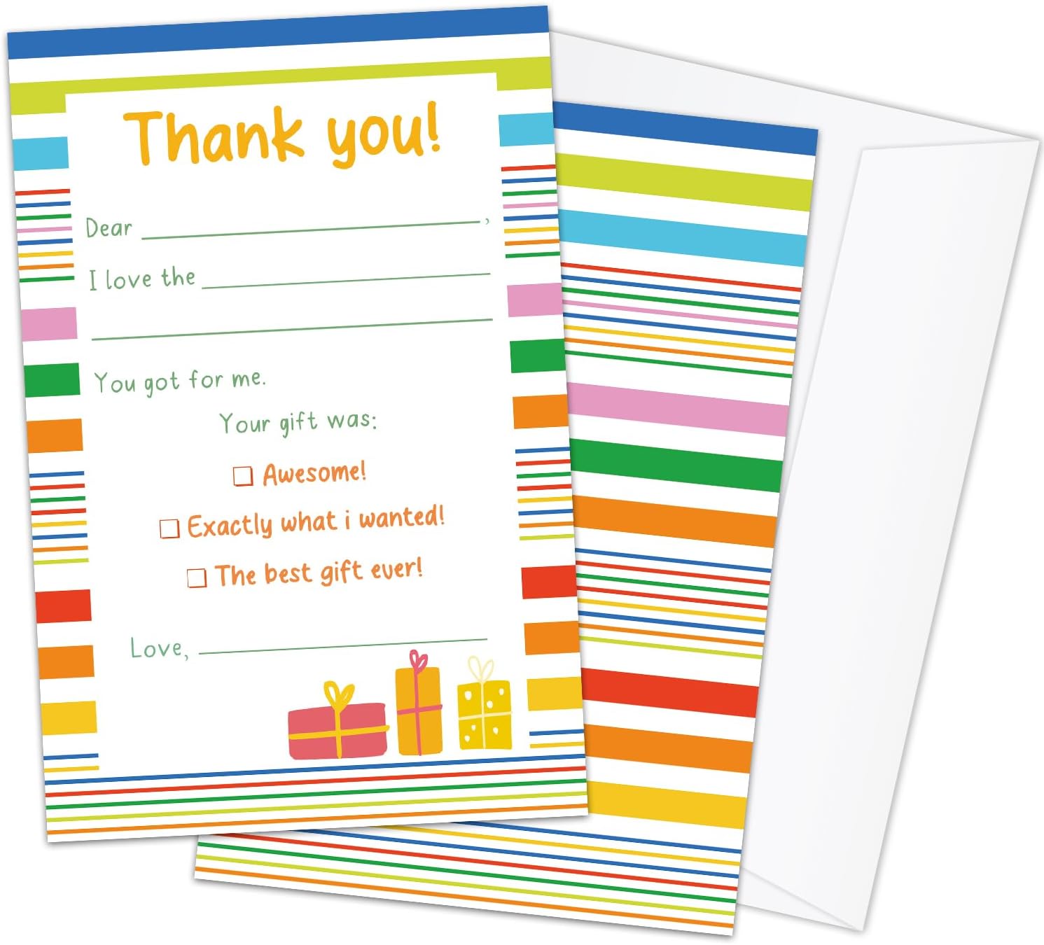 Colorful Stripes Kids Thank You Cards Fill in the Blank with Envelopes, Thank You Notes Kids 20 Card Set for Boys or Girls (4 * 6 inches) -01