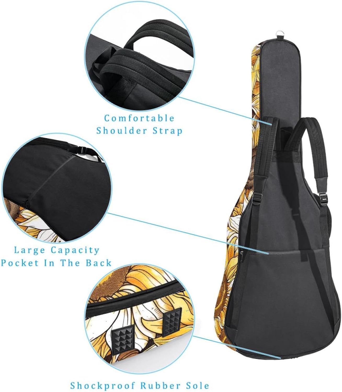 40 41 42 Inch Guitar Bags, Waterproof Padded Acoustic Guitar Case Backpack with Adjustable Shoulder Strap & Pockets, Light Bronze and White Sunflowers