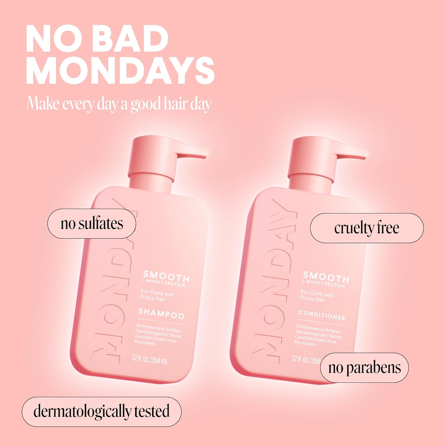 MONDAY HAIRCARE Smooth Shampoo + Conditioner Bathroom Set (2 Count) 12 oz Each For Frizzy, Coarse & Curly Hair Made with Coconut Oil, Shea Butter & Vitamin E 100% Recyclable Bottle Pink - Image 6