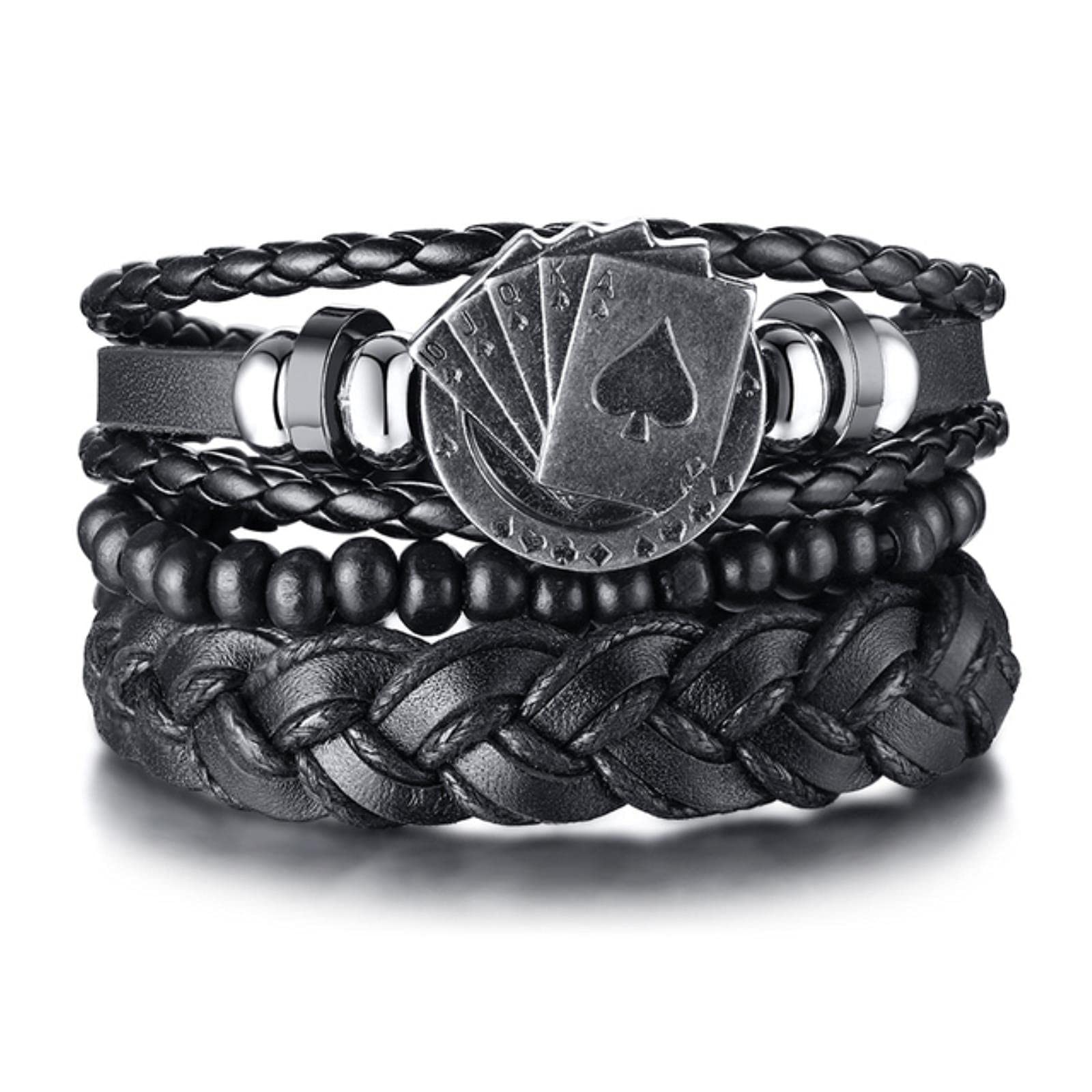 Diann Men's Bl-541B 3-4Pcs/ Set Braided Wrap Leather Bracelets For Wo Vintage Poker Charm Wooden Beads Ethnic Tribal Wristbands