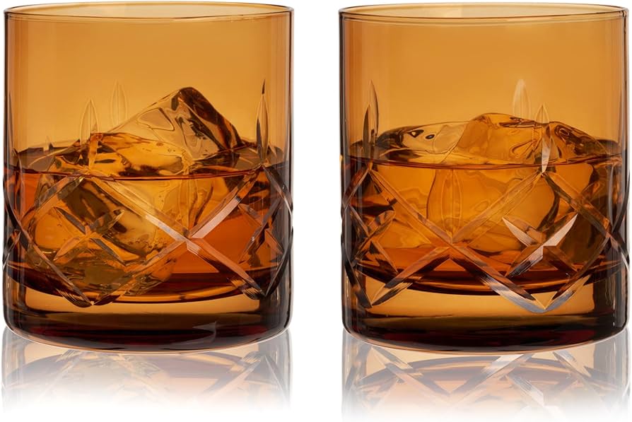 Viski Admiral Rocks Glasses in Amber, Crystal Glasses, Spirit Glasses Drinking Gifts for Men and Women, 11.5oz Old Fashioned Glass Set of 2