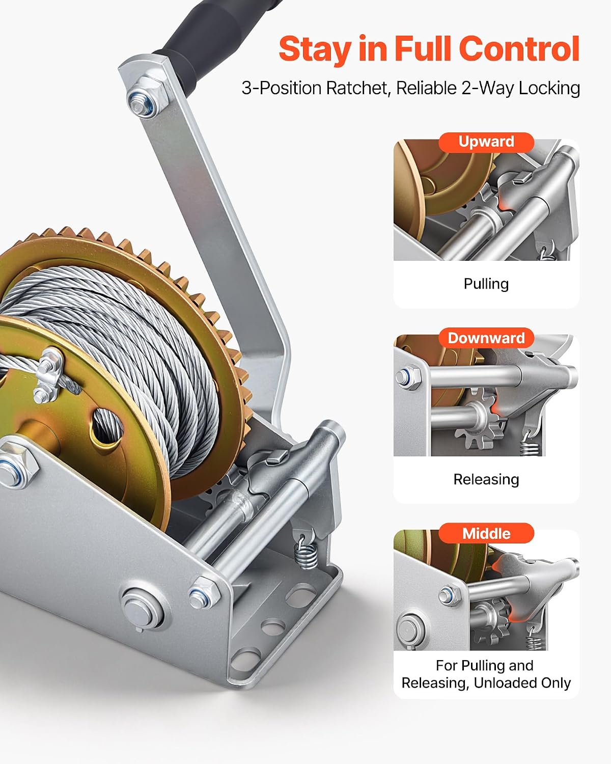 VEVOR Boat Winch, 1600 lbs Hand Winch, Heavy Duty Manual Rope Crank with 32.8ft Steel Wire, Portable Two-Way Ratchet, Anti-Slip Handle, Easy Installation Gear for Boat Trailer ATV Towing