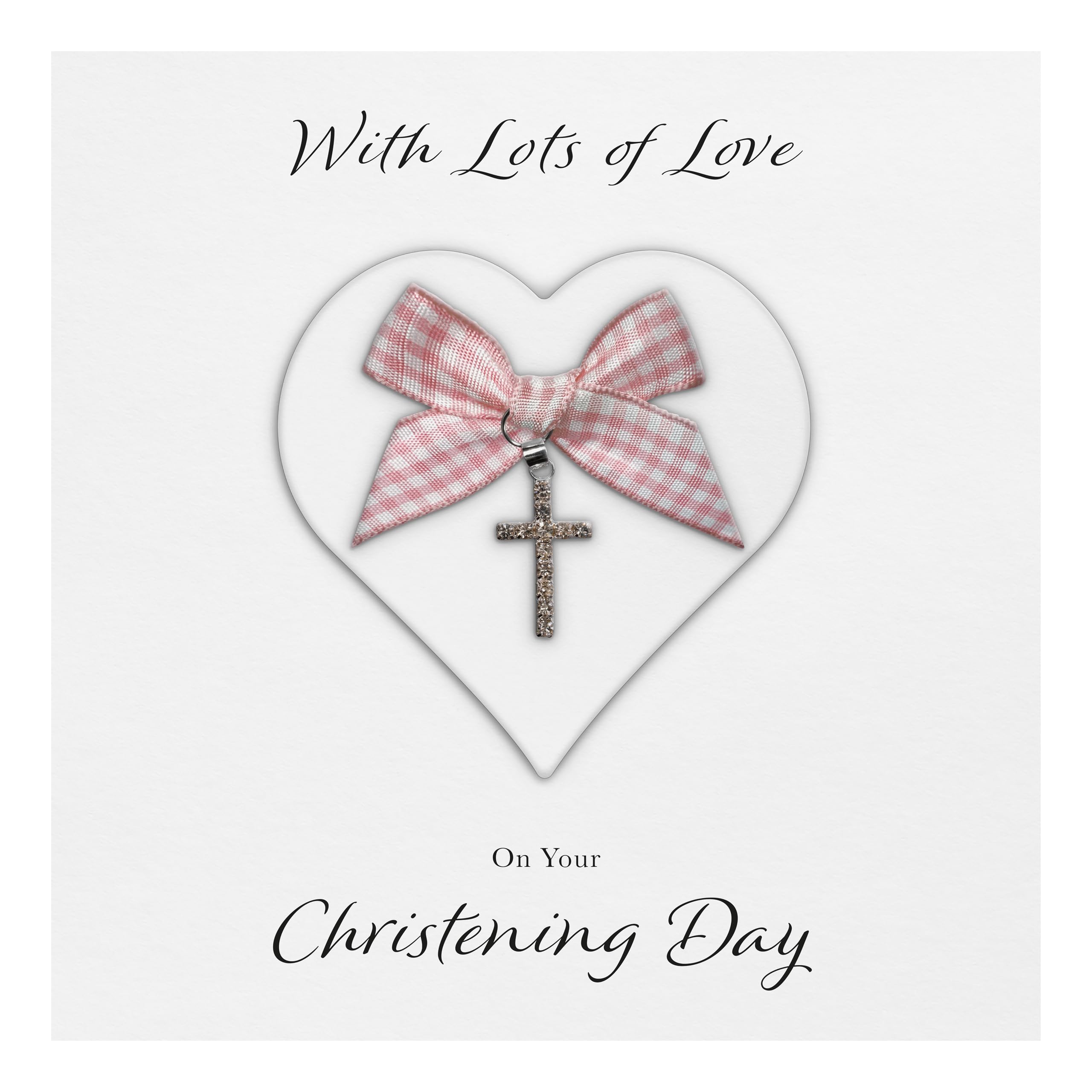 Christening Card "Diamanté Cross Charm & Bow" - Handmade UK (White Heart/Pink Gingham Bow)