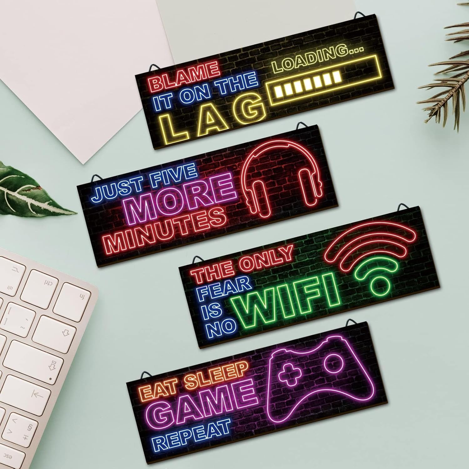 clothmile 4 Pcs Neon Gaming Decor for Boys Room Wooden Video Game Wall Art Motivational Quote Gamer Hanging Plaques Inspirational Wall Decor for Boys Kids Room Bedroom Playroom Decorations - Image 7