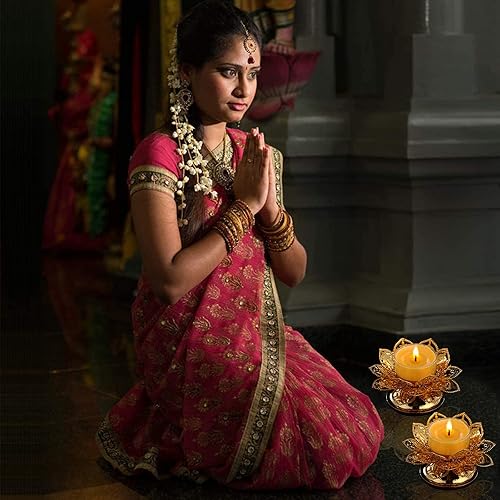 Miniatura 3 de Diwali Diya Vilakku - Juego de 2 portavelas para Puja Pooja Ghee, portavelas de aceite indio de Puja Butterlamp Lotus Diya para Diwali Pooja Budista