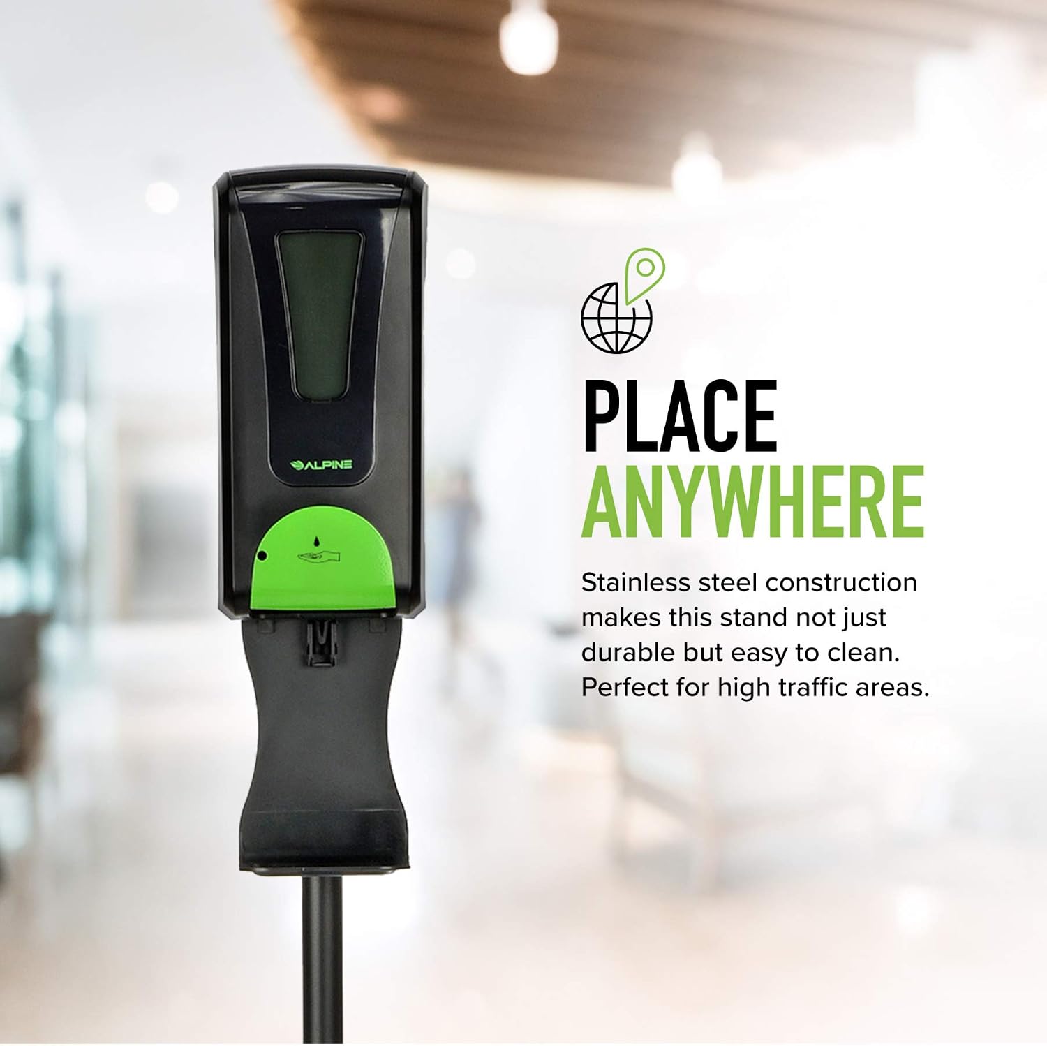 Alpine Automatic Hand Sanitizer Dispenser - Touchless Soap Dispenser with Adjustable Floor Stand for Restaurant, Hospital, School, Hotel, Kitchen and Bathroom -1200mL Black Liquid, Gel