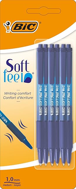 BIC Soft Feel Ballpoint Pens, Retractable Pens, Ideal for School and Office, Medium Point (1.0mm), Blue, Pack of 6