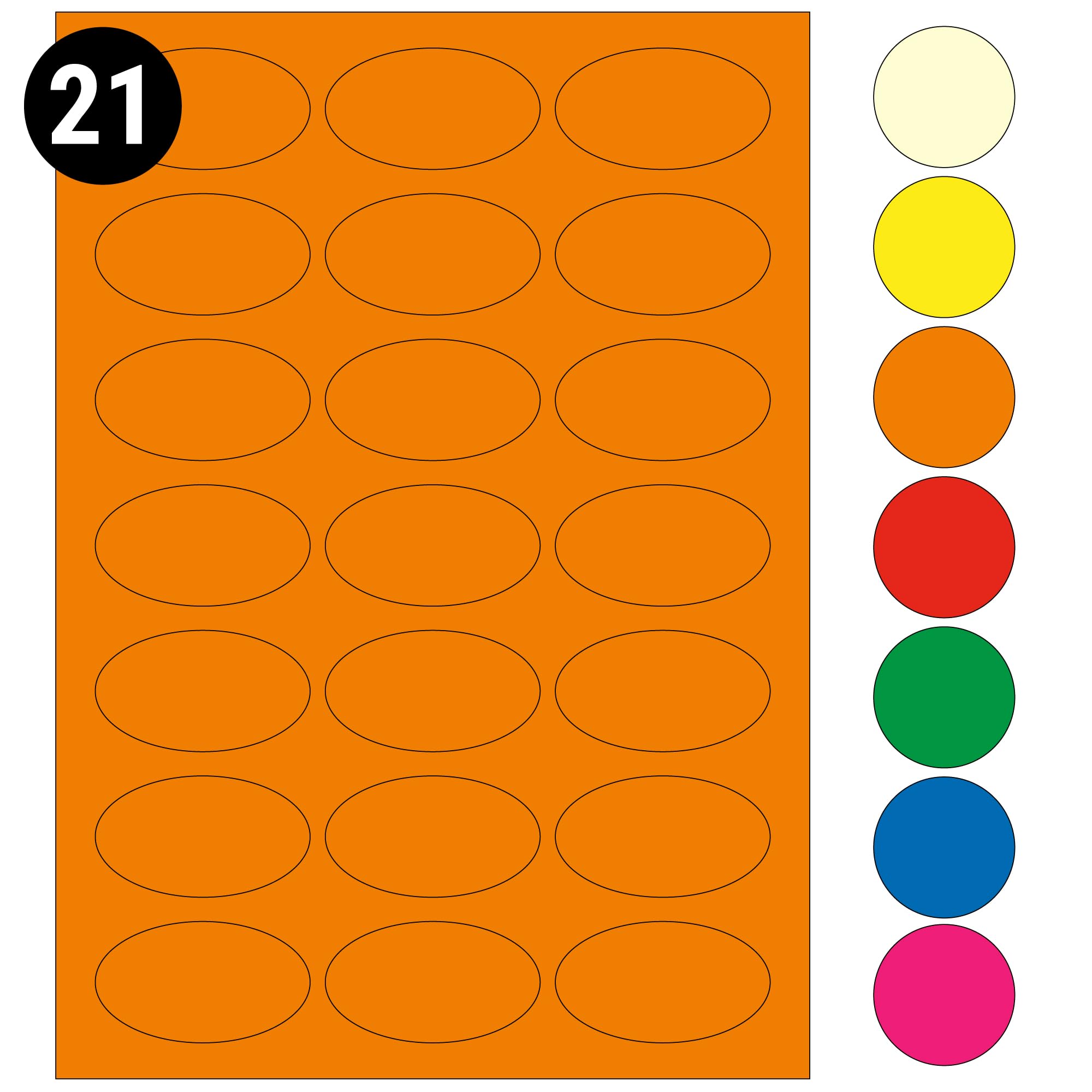L&B Colour Range - Oval Labels – 3 Sizes & 7 Vibrant Colors – A4 Sheet – Compatible with Laser & Inkjet Printers (Orange, 21 Labels Per Sheet - 100 Sheets)