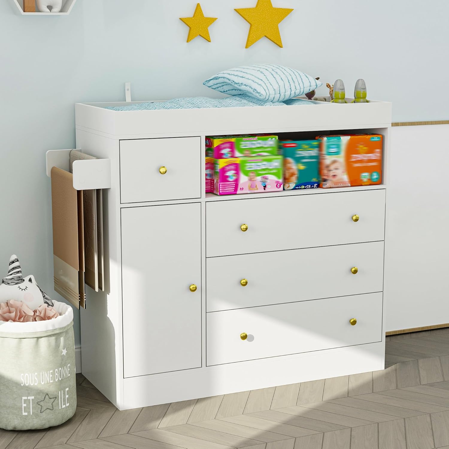WOODTIME 43.3" W Nursery Dresser with Diaper Changing Tray & Towel Racks, Baby Kids Dresser Changing Table with 4 Drawers & 2 Shelves for Bedroom Living Room, White