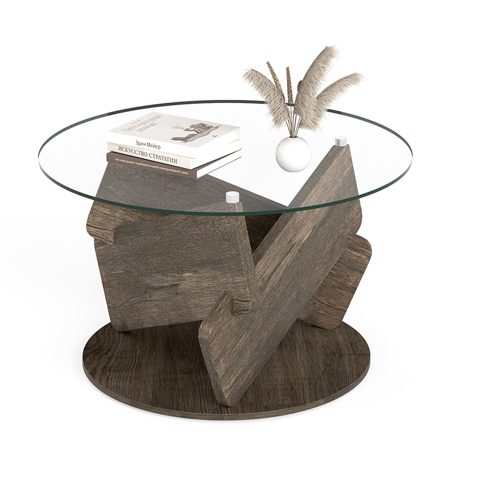 LIFEZEAL Mesa de Centro Redonda con Tapa de Vidrio Templado Transparente，Mesa Auxiliar Moderna Decorativa con Patas de Madera Sólida, Mesita Auxiliar Rústica para Espacios Pequeños (Gris)