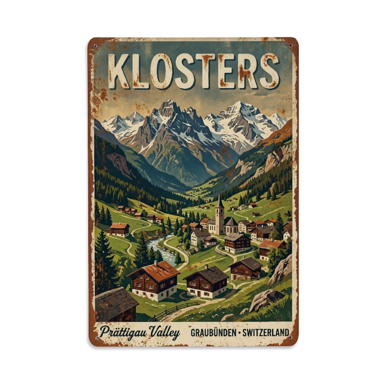 Vintage Travel Klosters Switzerland Metal Tin Sign